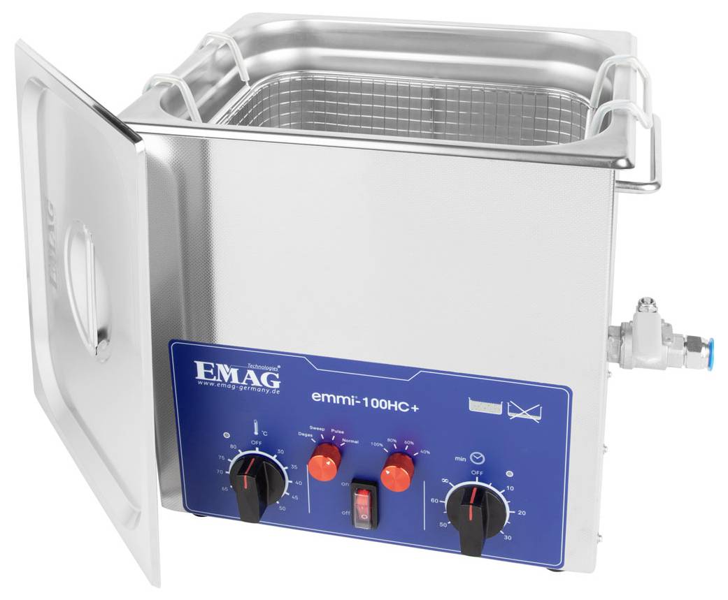 Ultraschallreiniger aus Edelstahl mit offener Abdeckung, Korb und Bedienfeld vorne mit der Bezeichnung „EMAG emmi-100HC+
