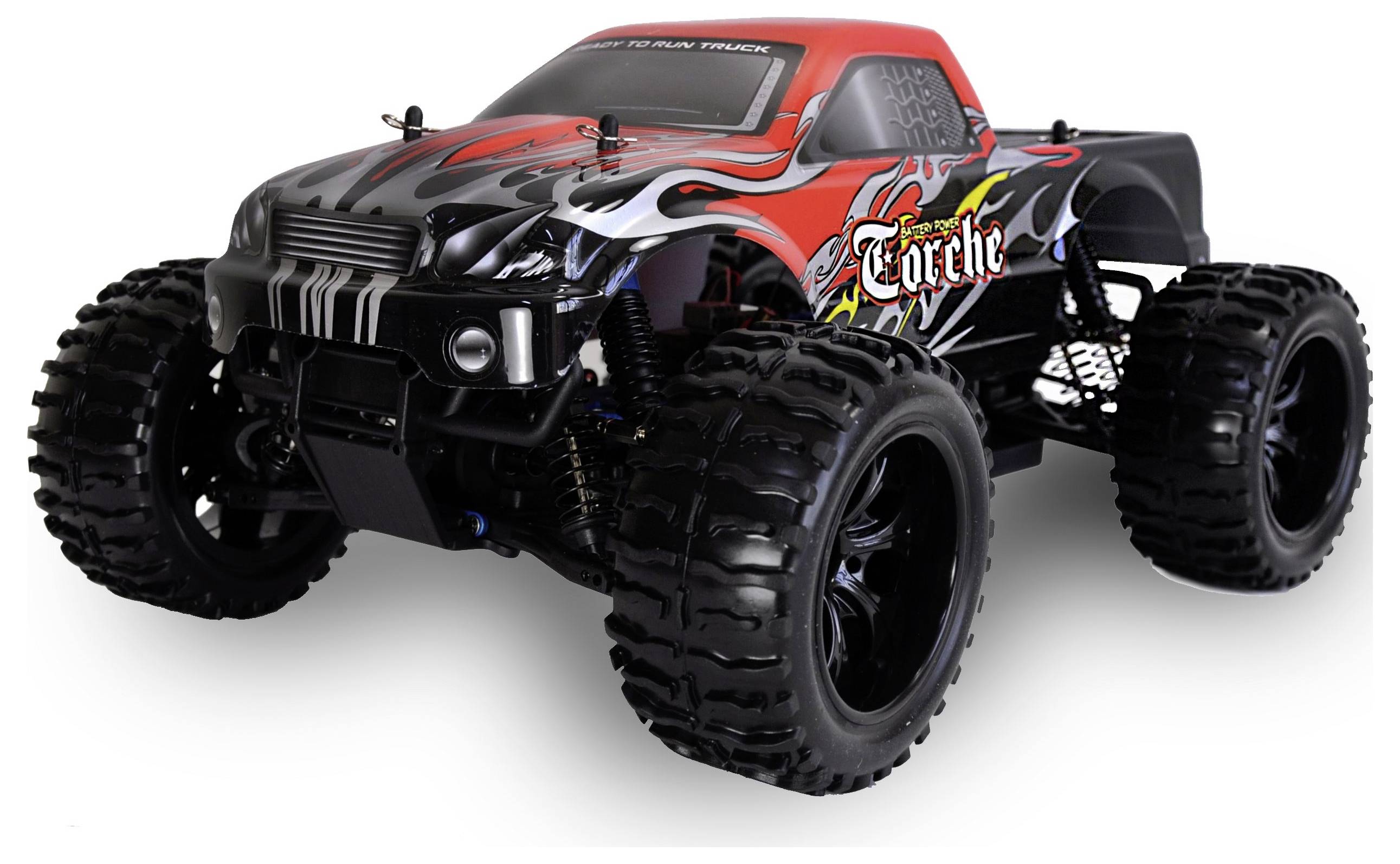 Ein ferngesteuertes, rot-schwarz gestreiftes Monstertruck-Modell mit großen Reifen und Flammenmotiven auf der Karosserie.