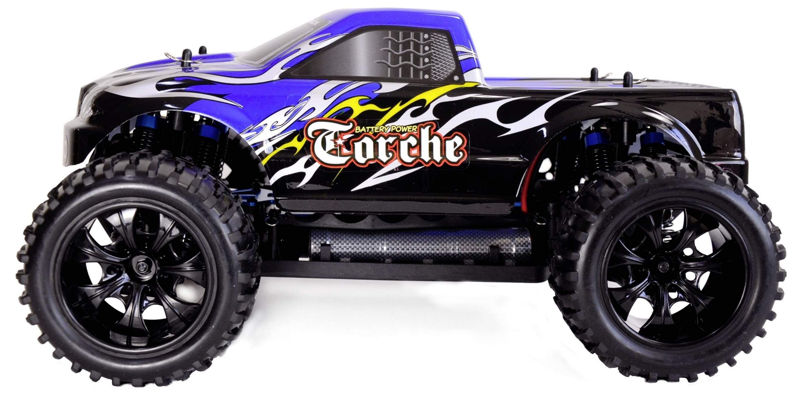 Spielzeugauto in Blau und Schwarz mit großem Schriftzug 'Torche' auf der Seite, große Räder für Offroad-Gelände geeignet.