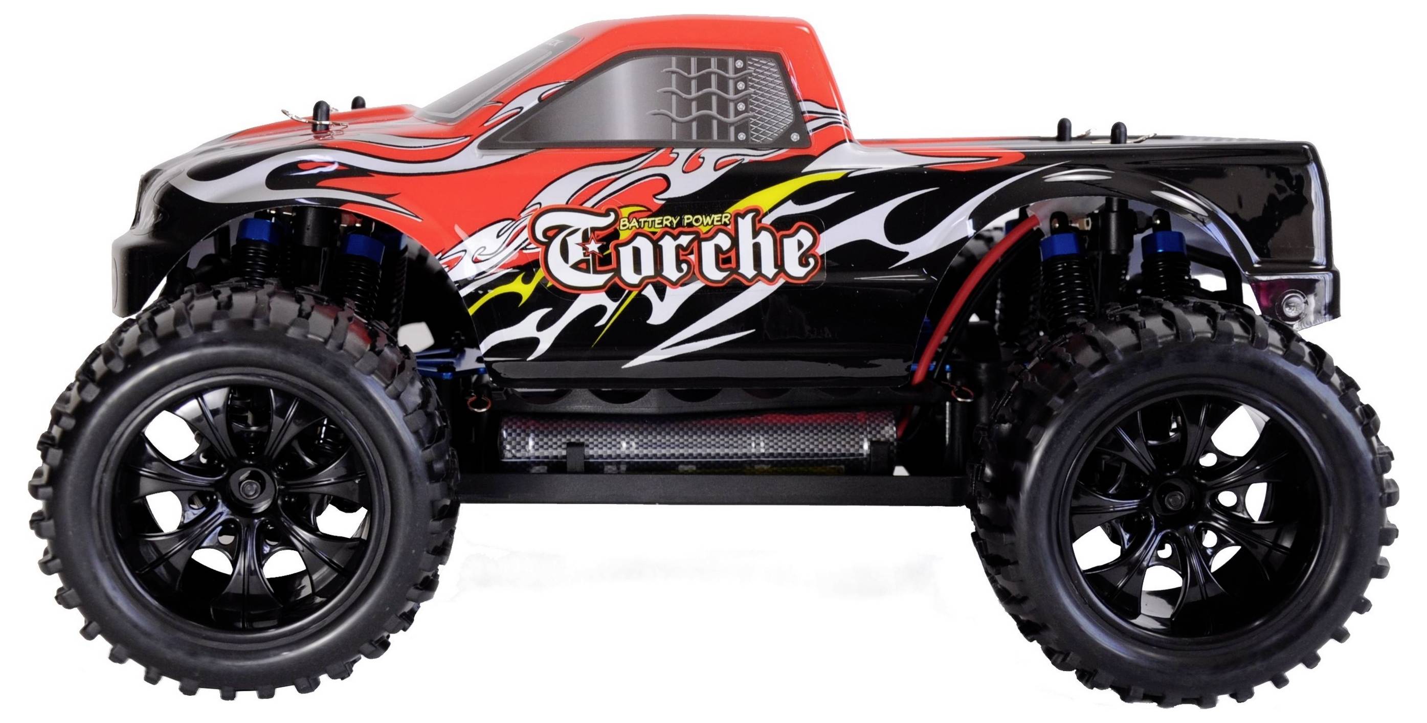 Ein rotes ferngesteuertes Auto mit Flammenmuster und der Aufschrift 'Torche' auf der Seite, große geländetaugliche Reifen.