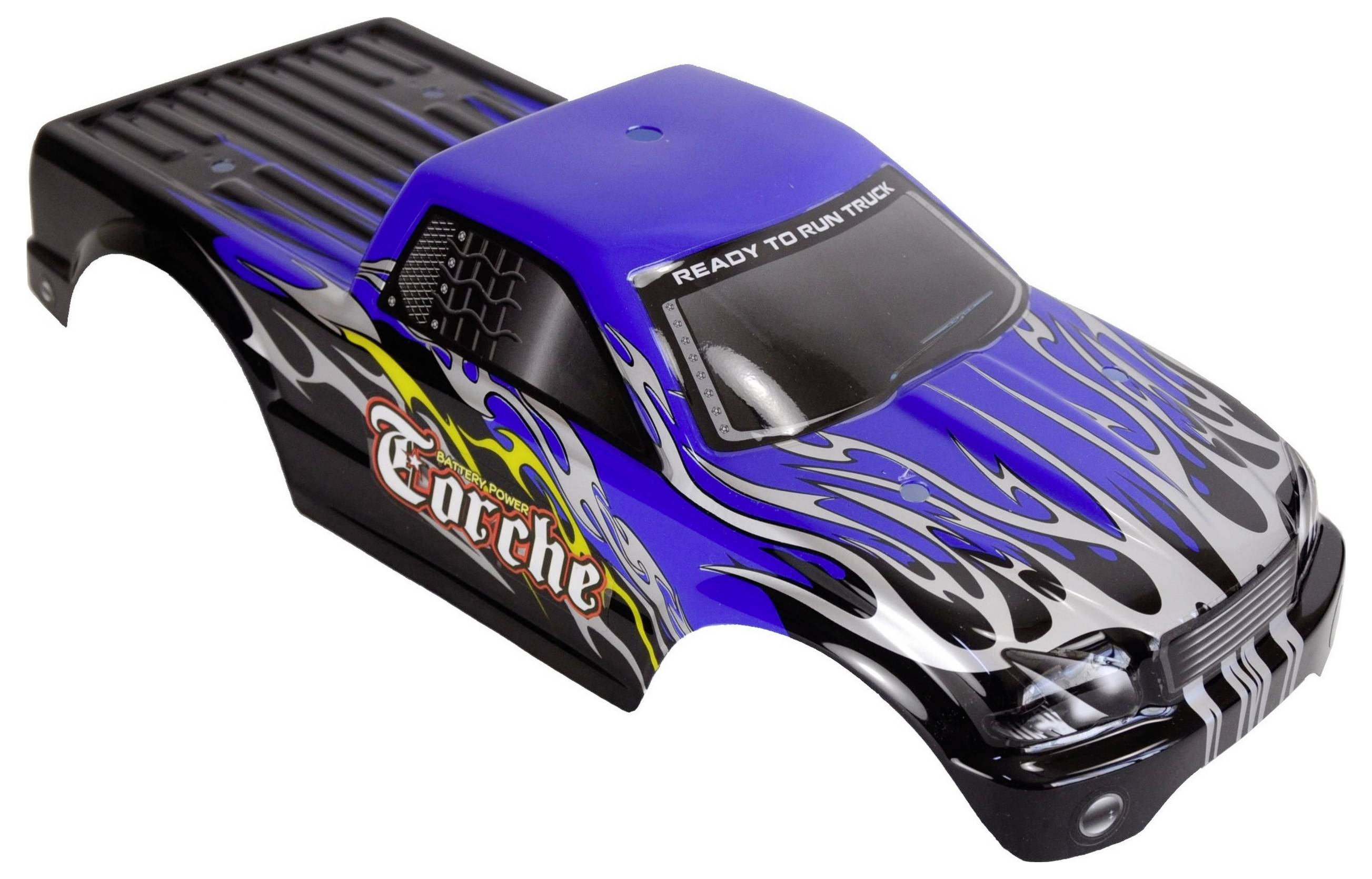 Ein blauer Spielzeug-LKW mit schwarzen und silbernen Flammen und der Aufschrift 'Torche' auf der Seite.