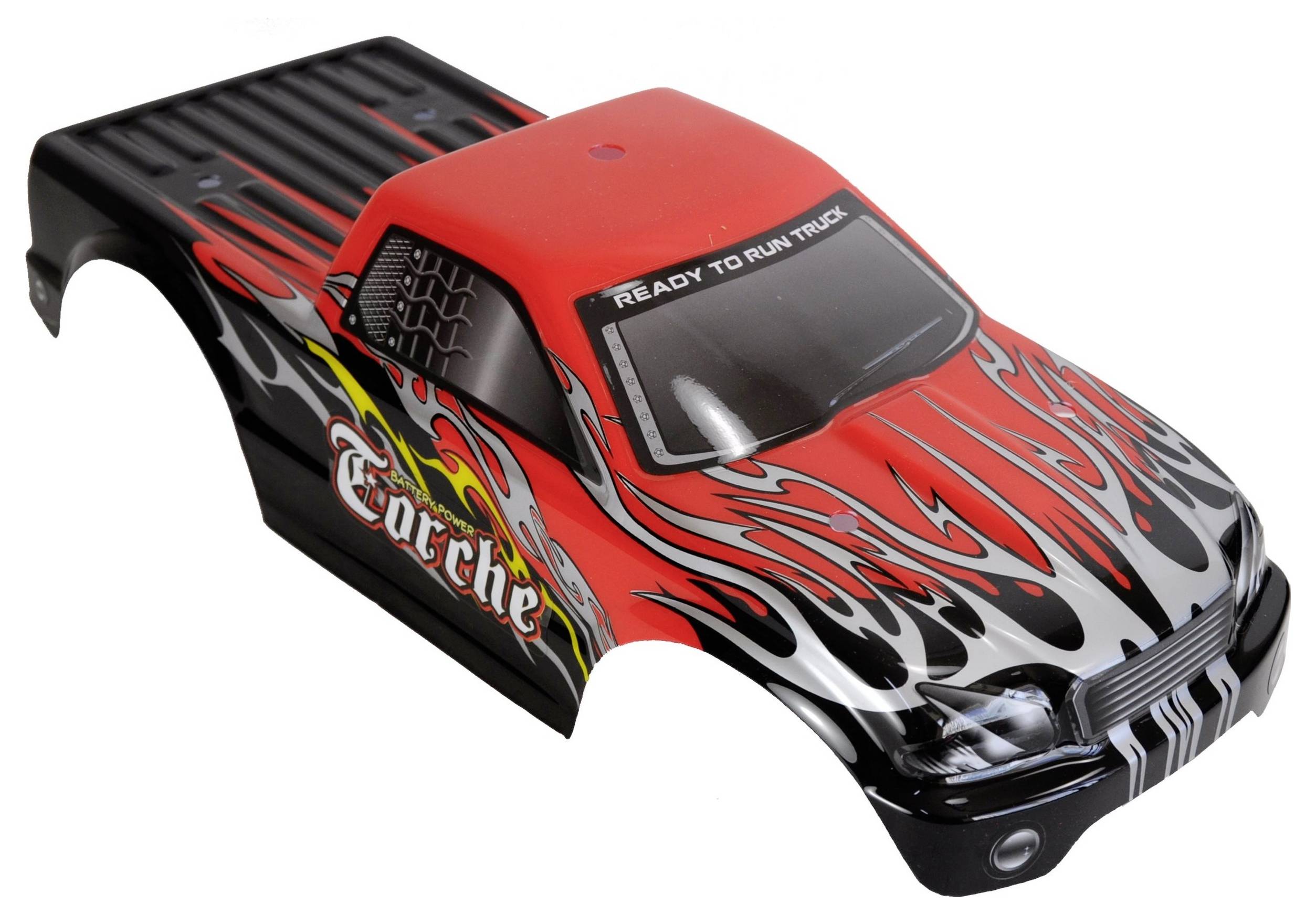 Ein rotes und schwarzes ferngesteuertes Auto-Chassis mit Flammenmuster und der Aufschrift 'E-Arche' an der Seite.