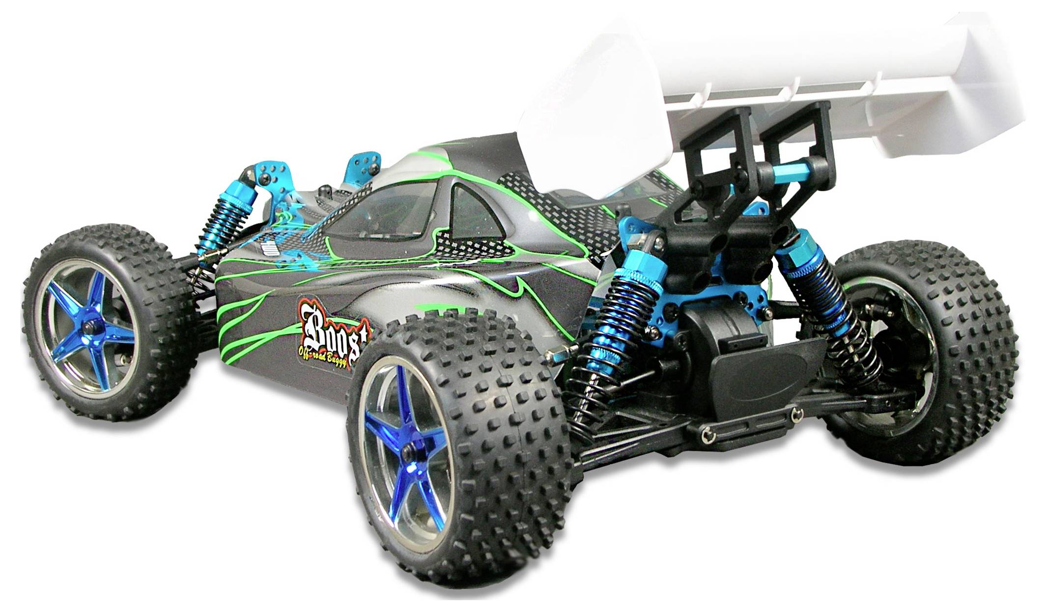 Rennauto-Spielzeug mit großen Rädern, blau-schwarzem Karosseriedesign und grünem Muster, Ansicht von hinten.