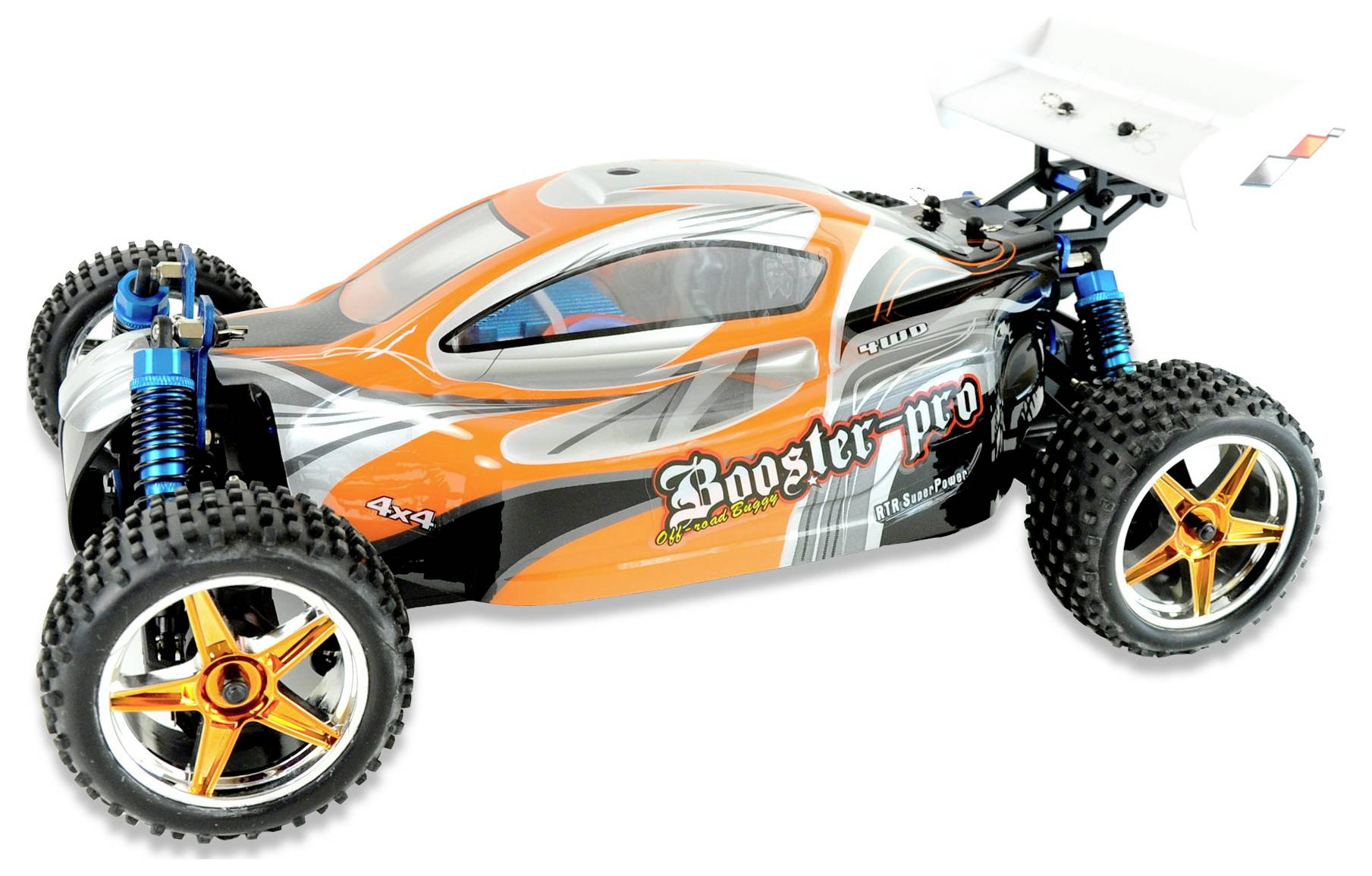 Ein ferngesteuertes, orange-schwarzes Auto mit großen Reifen, einem Heckspoiler und der Aufschrift 'Booster-pro' an der Seite.