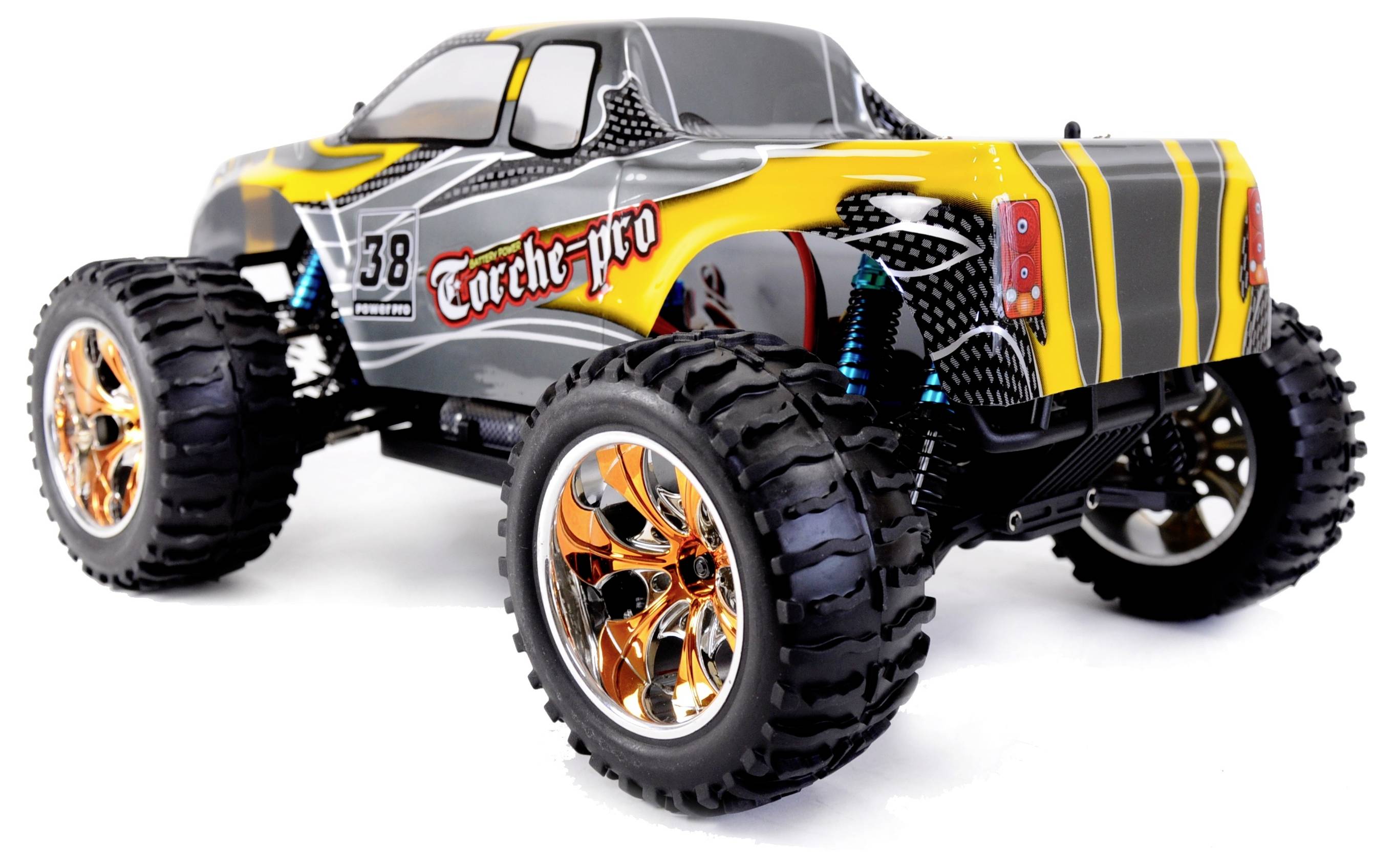 Farbiges Spielzeugauto mit großen Reifen und markanten orangefarbenen Felgen, von hinten betrachtet. Aufkleber 'Torch-pro' sichtbar.