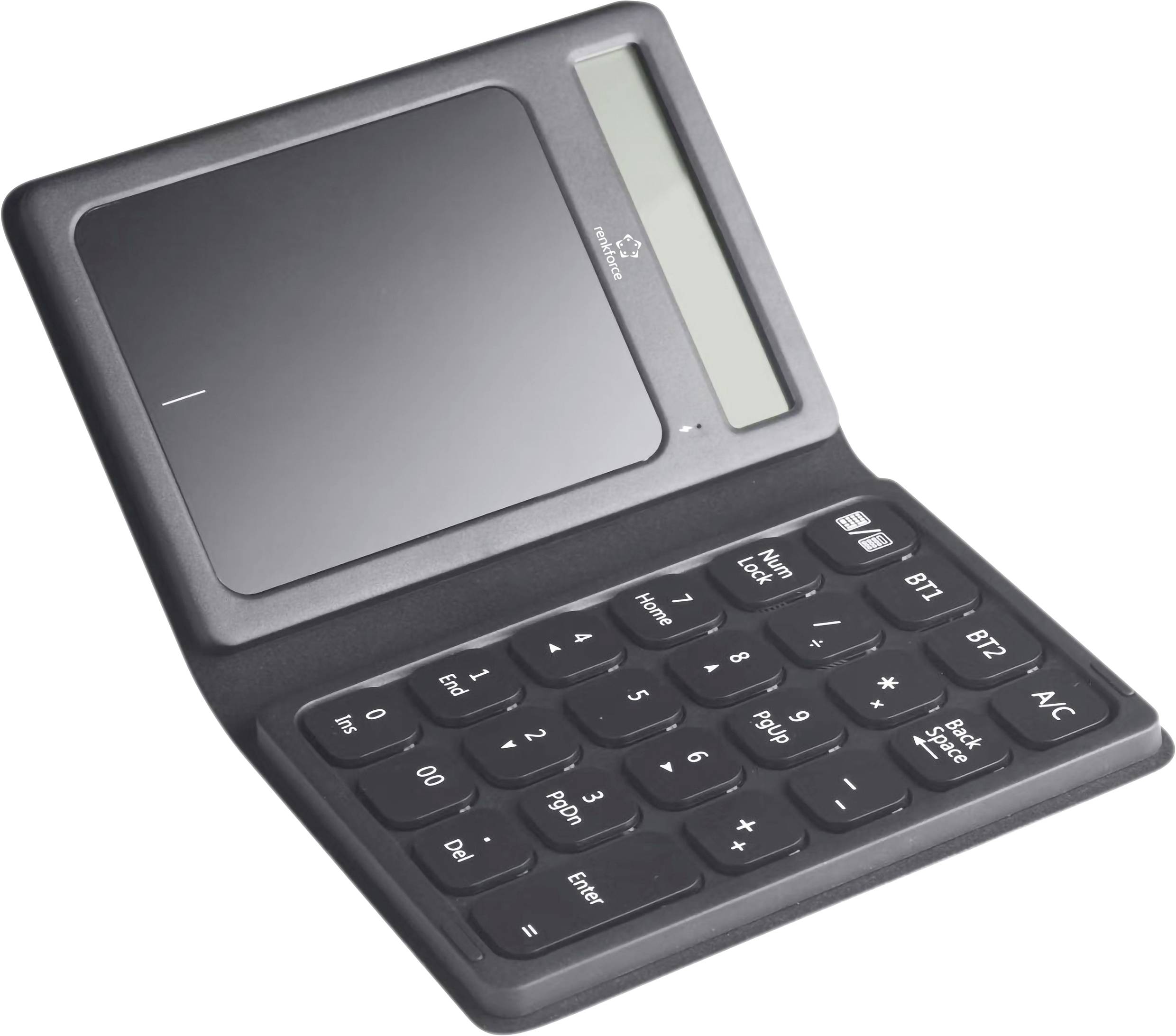 Ein schwarzer Taschenrechner mit Solarzellen oben links und einem numerischen Tastenfeld rechts.