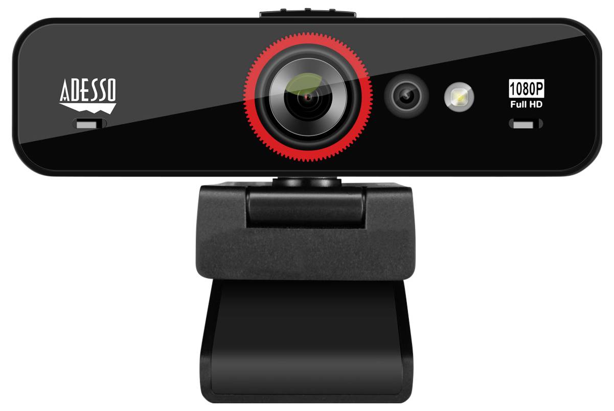 Webcam mit 1080p Full HD-Auflösung; zentrales Objektiv mit rotem Ring, LED, Mikrofon und Clip-Halterung.