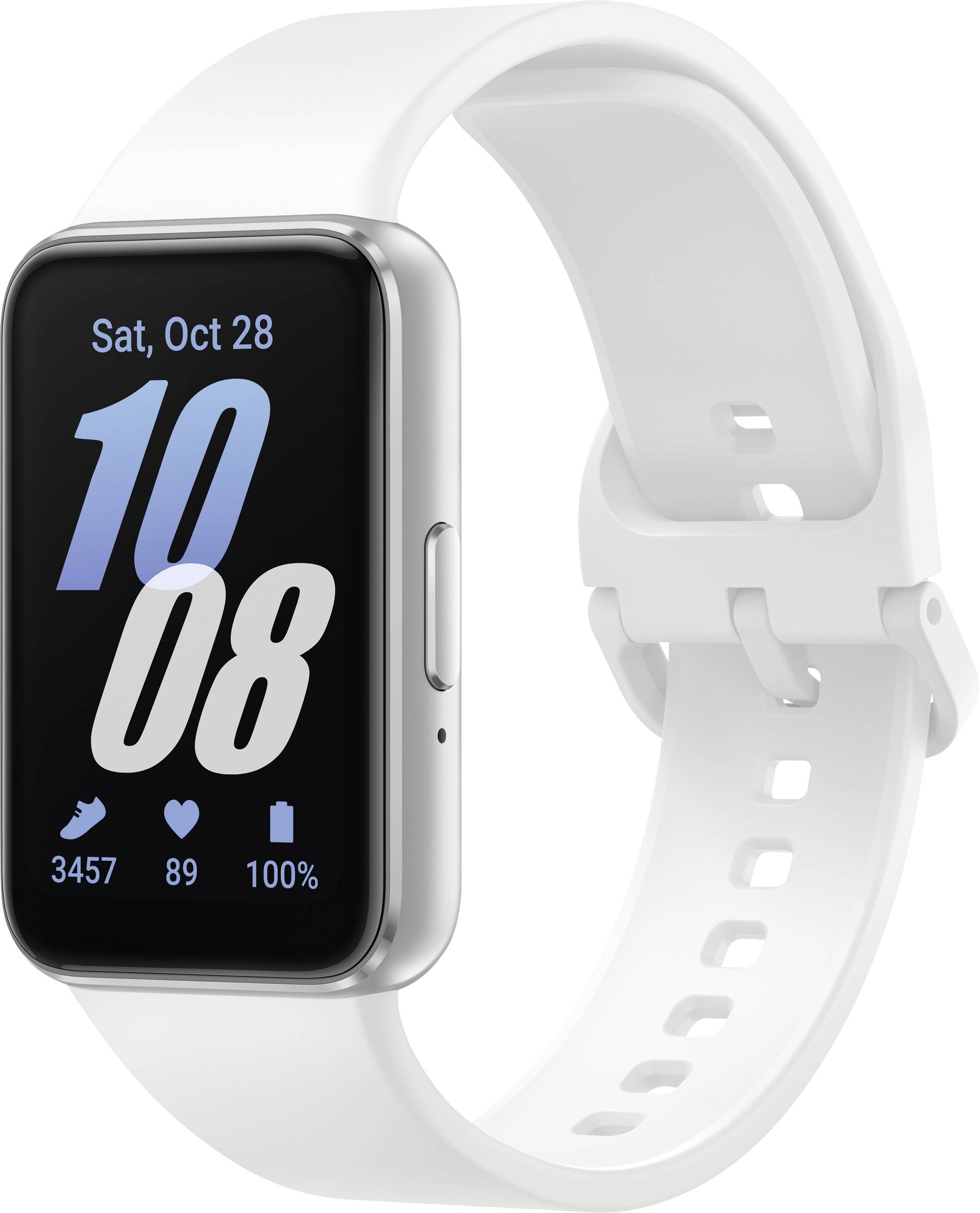 Weiße Smartwatch mit rechteckigem Display zeigt Datum 'Sa, 28. Okt' und Uhrzeit '10:08'. Symbole für Schritte, Herzfrequenz, Akku angezeigt.