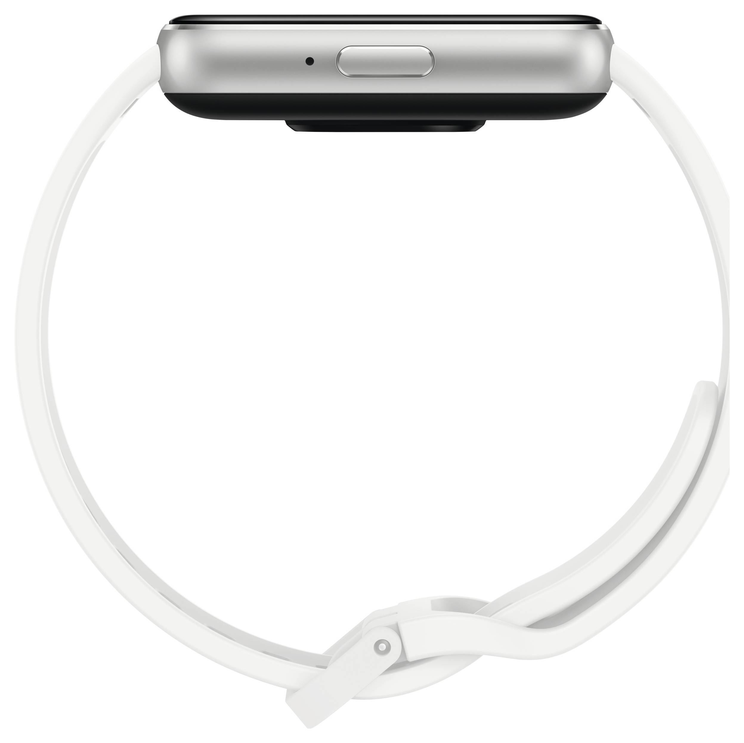 Smartwatch mit Metallgehäuse und weißem Armband, seitlich gesehen. Im oberen Bereich befindet sich eine Taste.