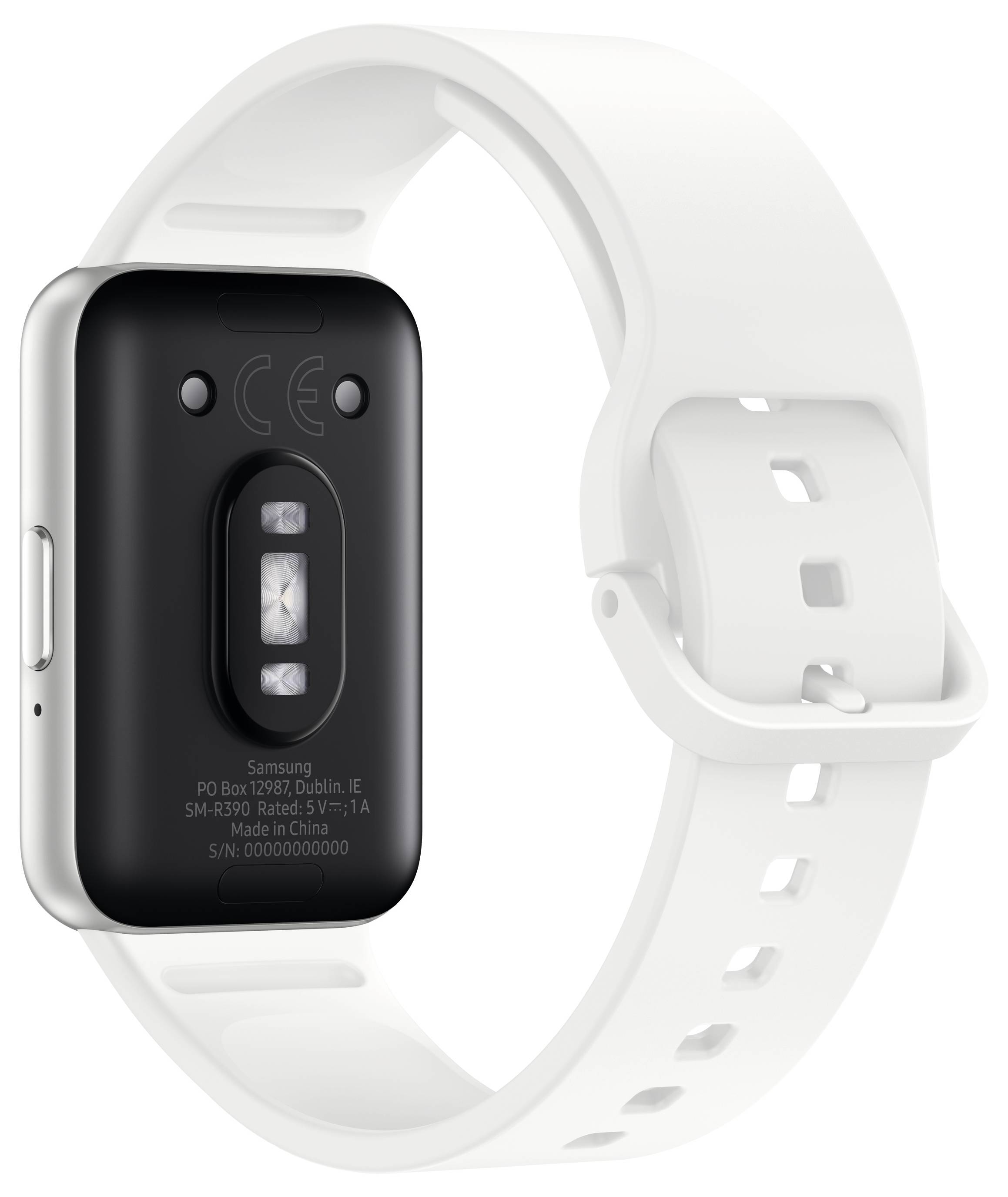 Weiße Smartwatch mit schwarzer Sensorfläche und schlichtem Armband, auf blickt zur Rückseite mit sichtbarer Herzfrequenz- und Ladesensorik.