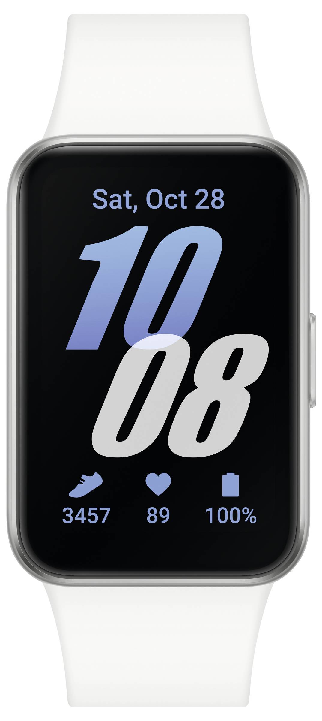 Smartwatch mit weißem Armband zeigt Datum 'Sat, Oct 28', Uhrzeit '10:08', Schritte '3457', Herzfrequenz '89' und Akkustand '100%'.