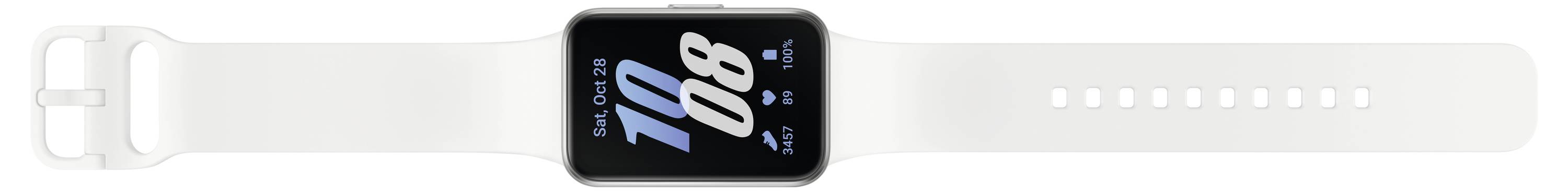 Eine weiße Smartwatch mit schwarzem Zifferblatt zeigt die Uhrzeit '10:09' an. Das Design ist minimalistisch.