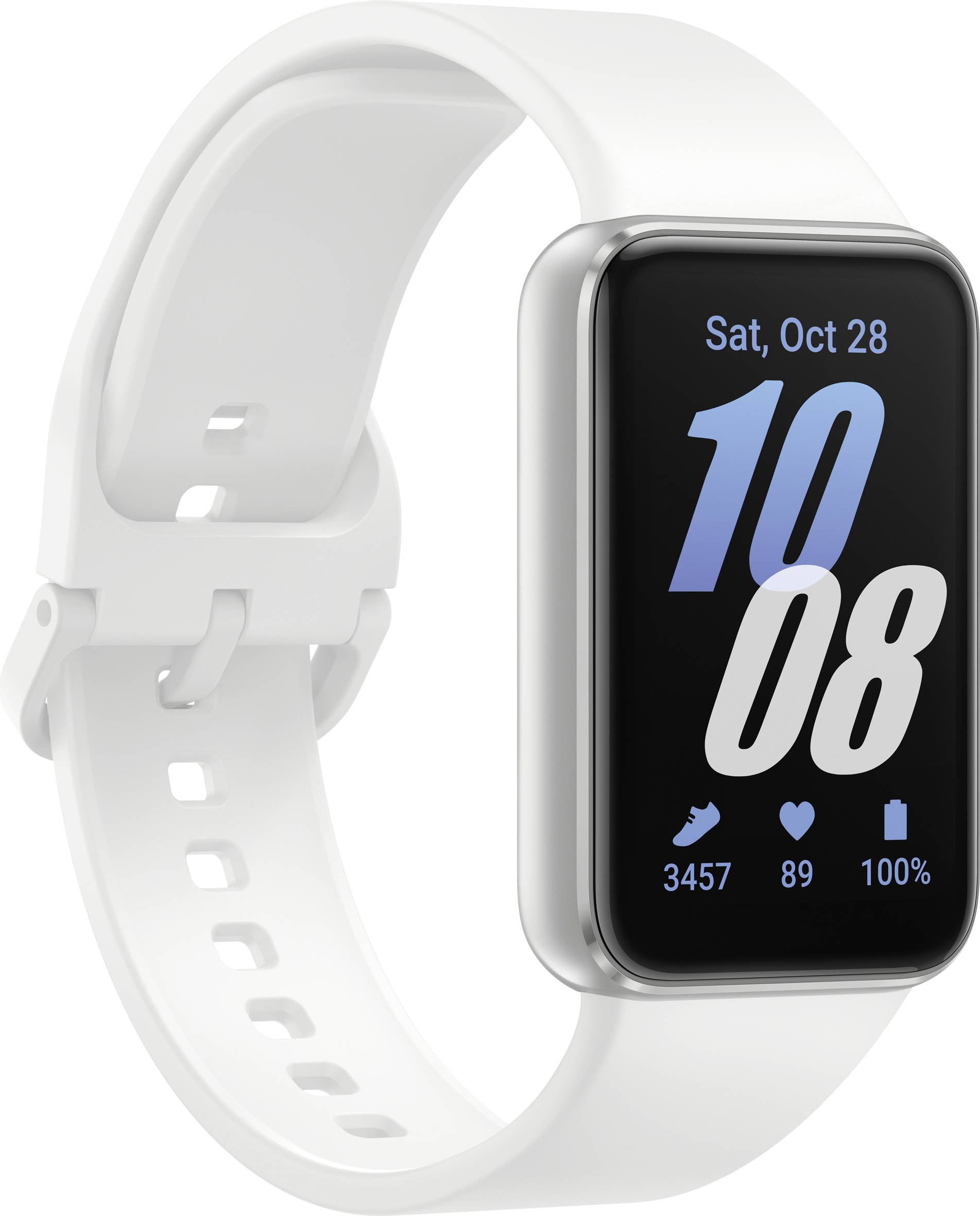 Weißes Fitnessarmband mit rechteckigem Bildschirm, zeigt Datum 'Samstag, 28. Oktober', Uhrzeit '10:08', Schritte '3457', Herzfrequenz '89', Akku '100%'.