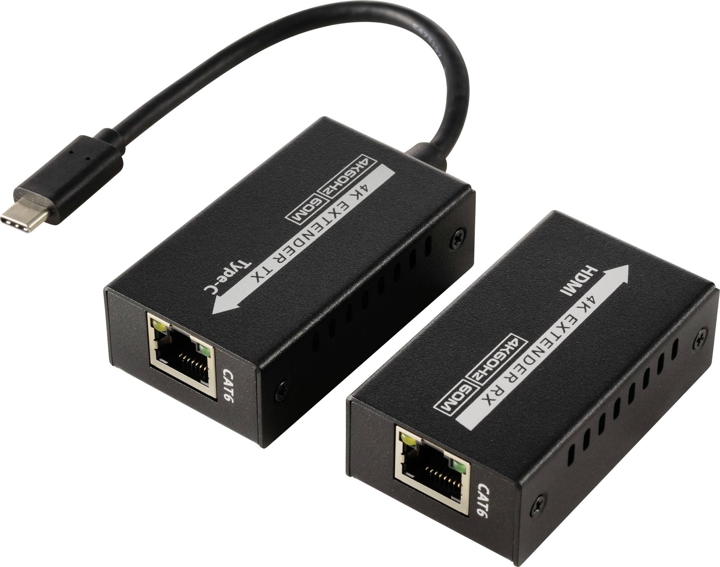 Zwei schwarze Netzwerkkonverter mit HDMI-Ports und USB-C-Anschlusskabel. Sie sind zur Videoübertragung über Ethernet gedacht.
