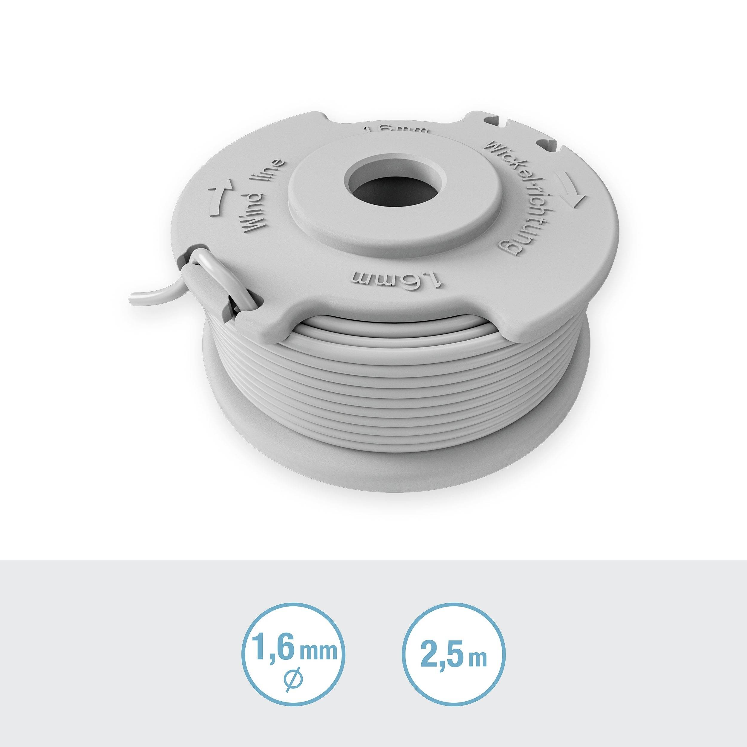 Eine weiße Spule mit 2,5 m Wickeldraht, 1,6 mm Durchmesser, zeigt die Länge und Dicke des Drahtes.