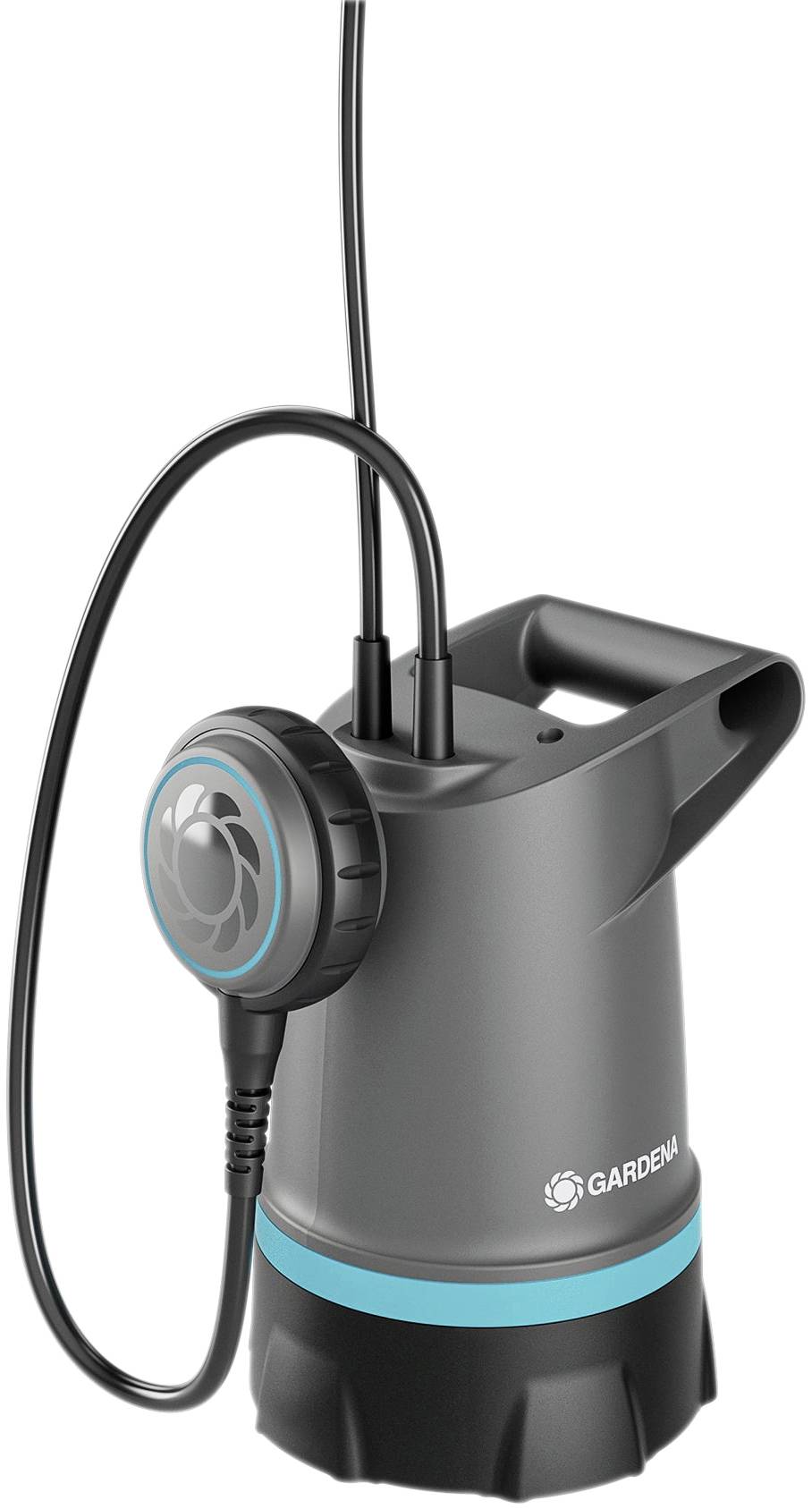 Eine schwarze Tauchpumpe mit blauem Streifen und Kabel ist abgebildet. Das Gerät hat einen praktischen Griff und den Markennamen 'Gardena'.