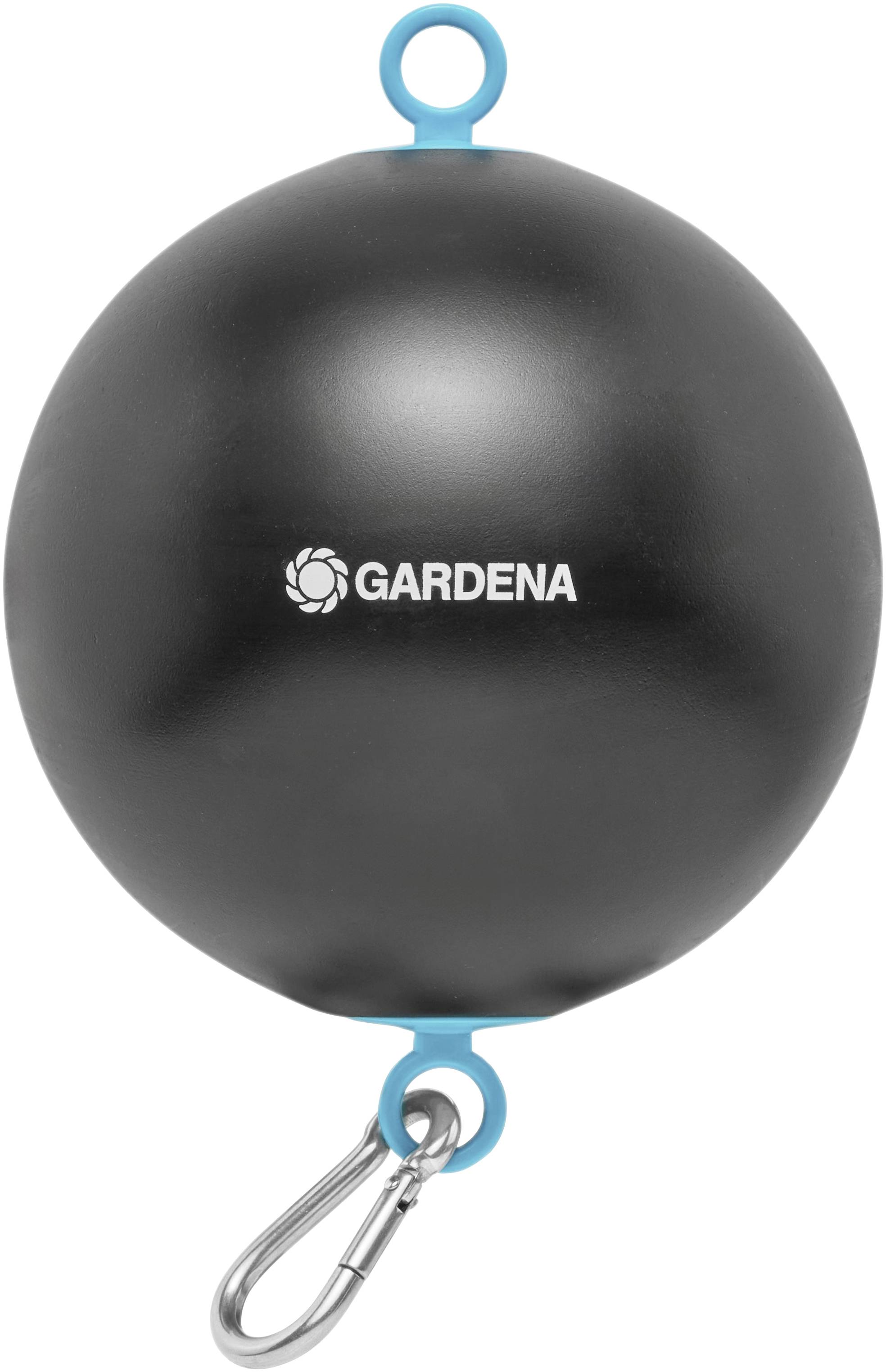 Schwarze Kugel mit dem Schriftzug 'GARDENA' in der Mitte, oben und unten mit blauen Ösen versehen, unten mit einem Karabinerhaken.