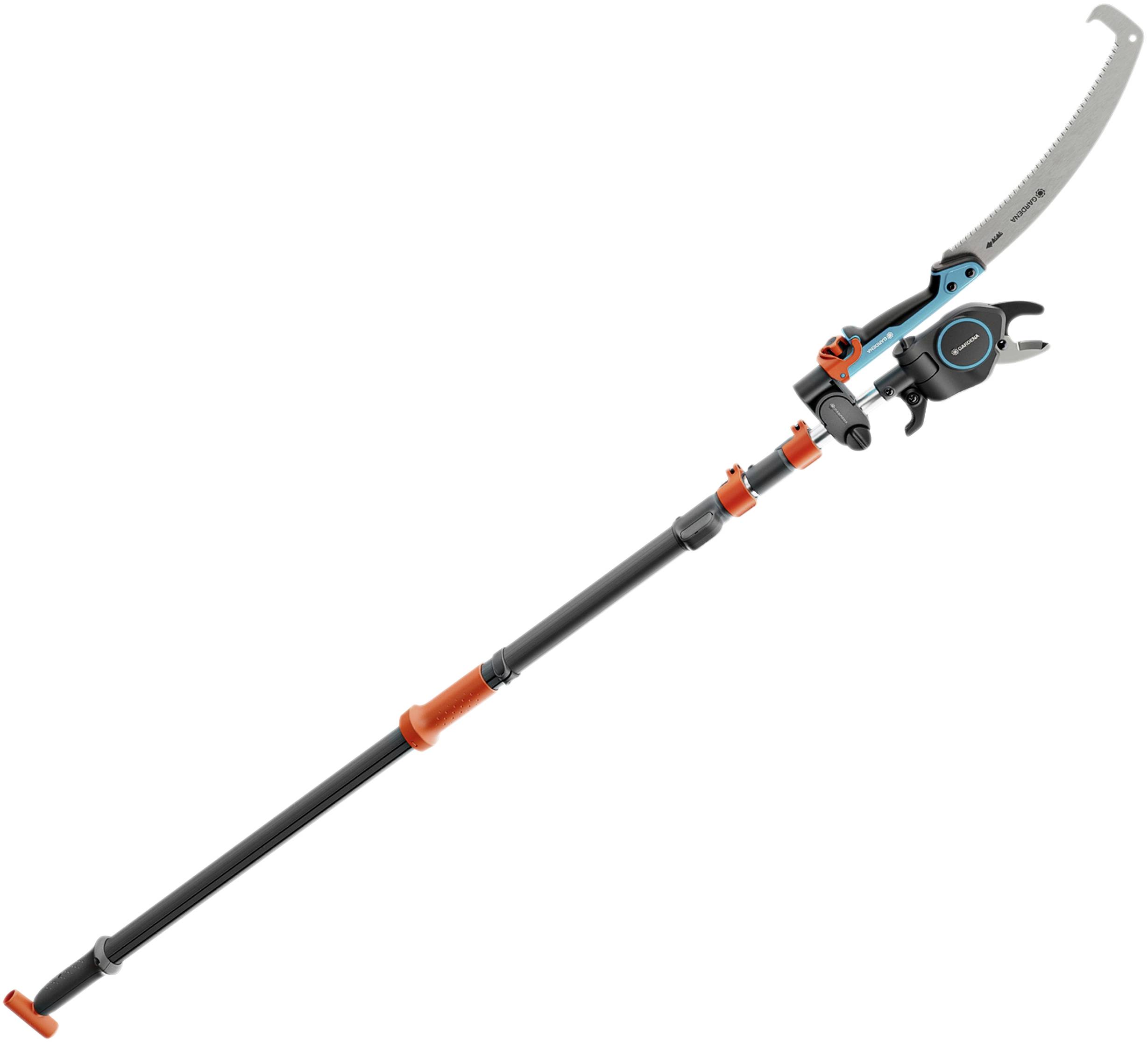 Teleskop-Baumschneider mit Säge, für hohe Äste; orange-schwarzer Griff, silberne Klinge.