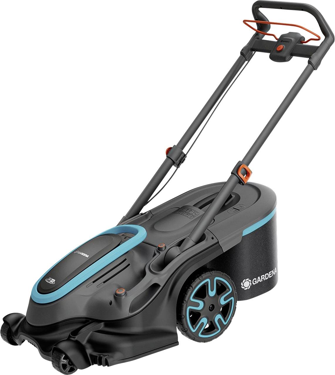 Elektrischer Rasenmäher mit schwarzem und blauem Design, stabilem Griff und Funktionstasten, steht auf schwarzem Hintergrund.