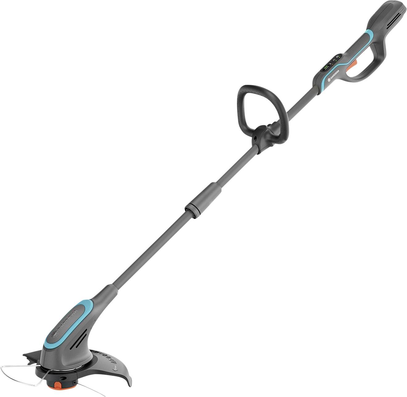 Ein akkubetriebener Rasentrimmer mit ergonomischem Griff und Teleskopstange. Geeignet zum Schneiden von Rasenkanten und schwer zugänglichen Bereichen.