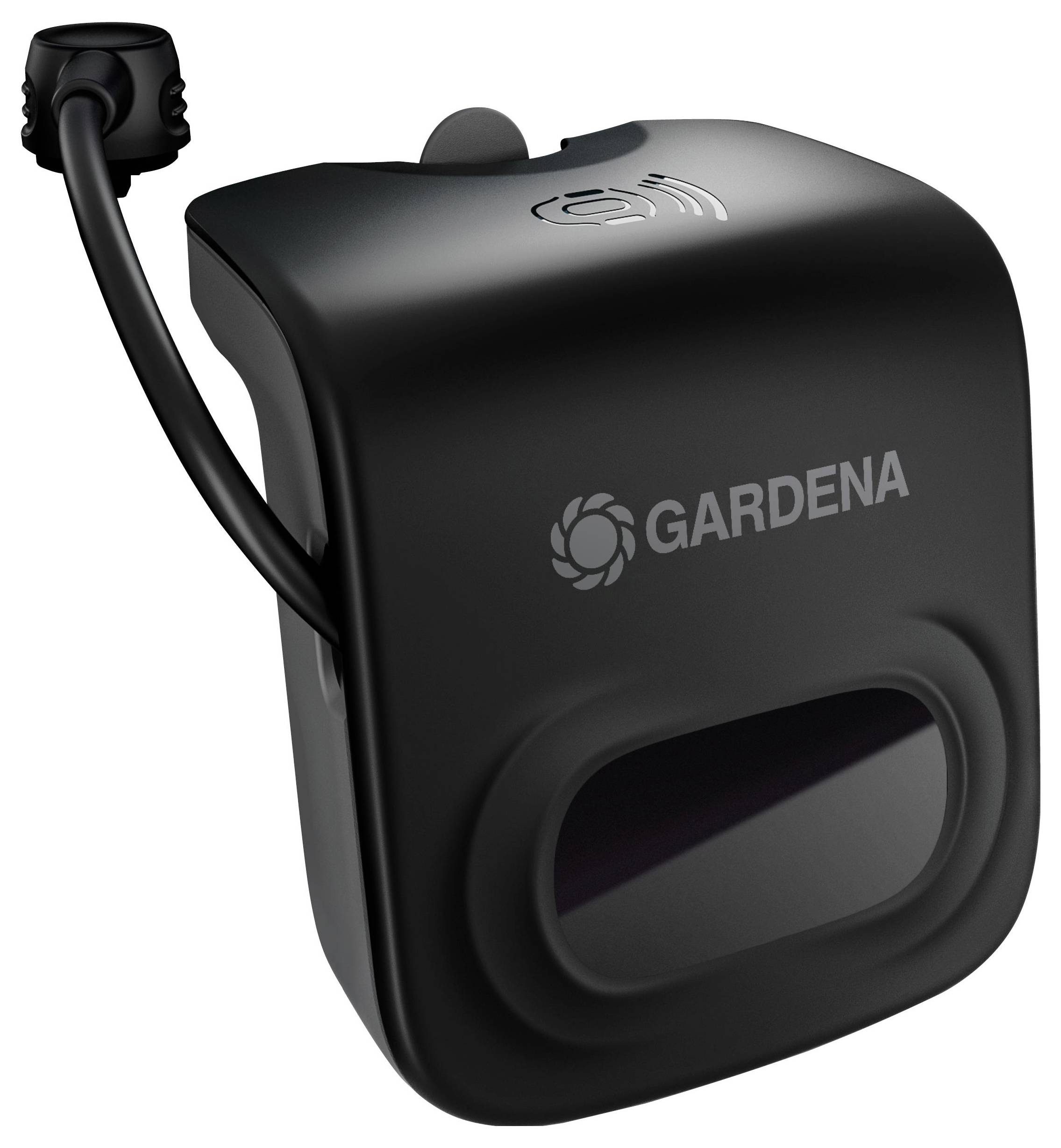 Ein schwarzer Outdoor-Sensor mit Gardena-Logo, zur wetterabhängigen Steuerung von Gartensystemen. Kann Temperaturdaten erfassen.