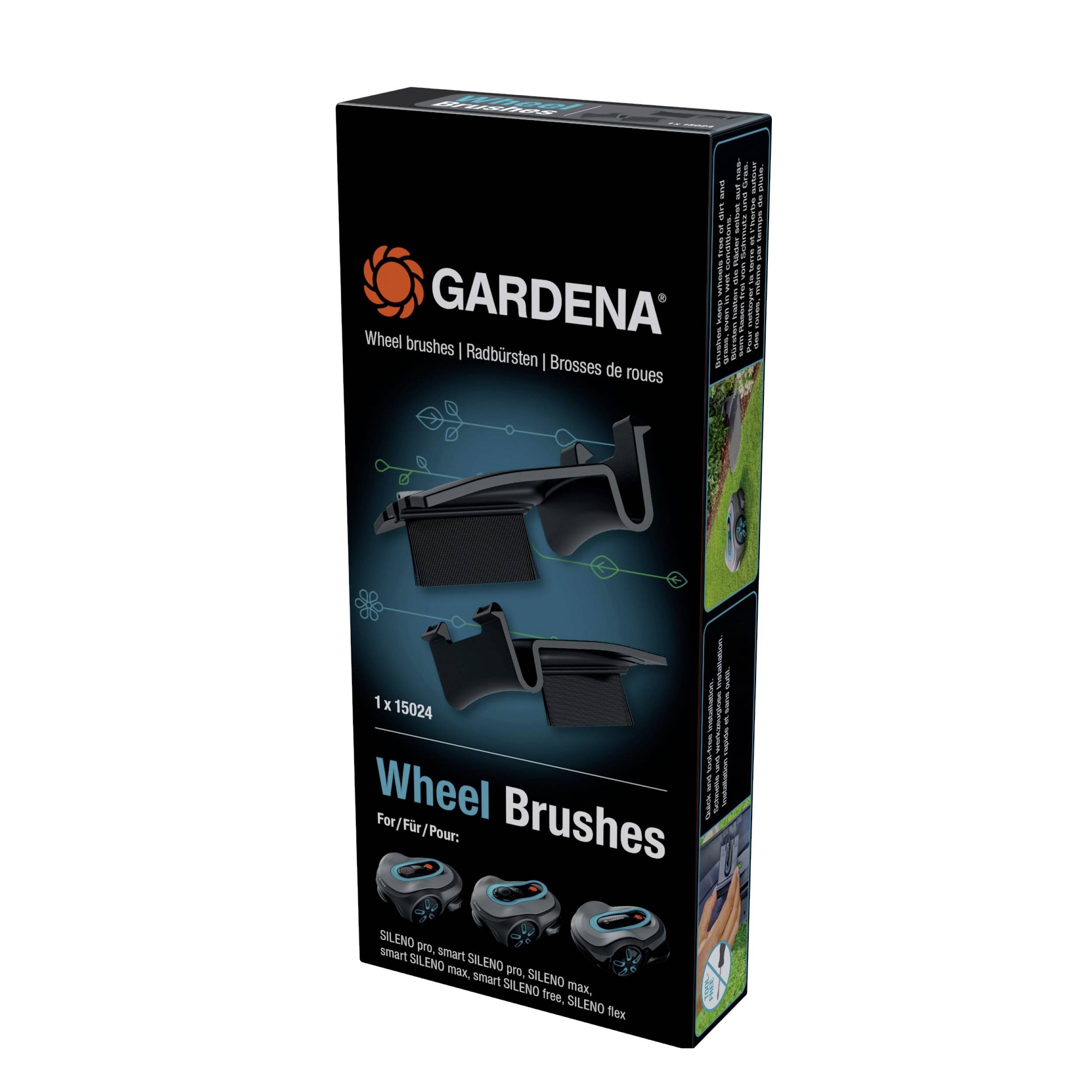 Verpackung der Gardena Radbürsten, zeigt Produktabbildungen und Anwendungen an Rasenmähern. Entwurf für Modell 15024.