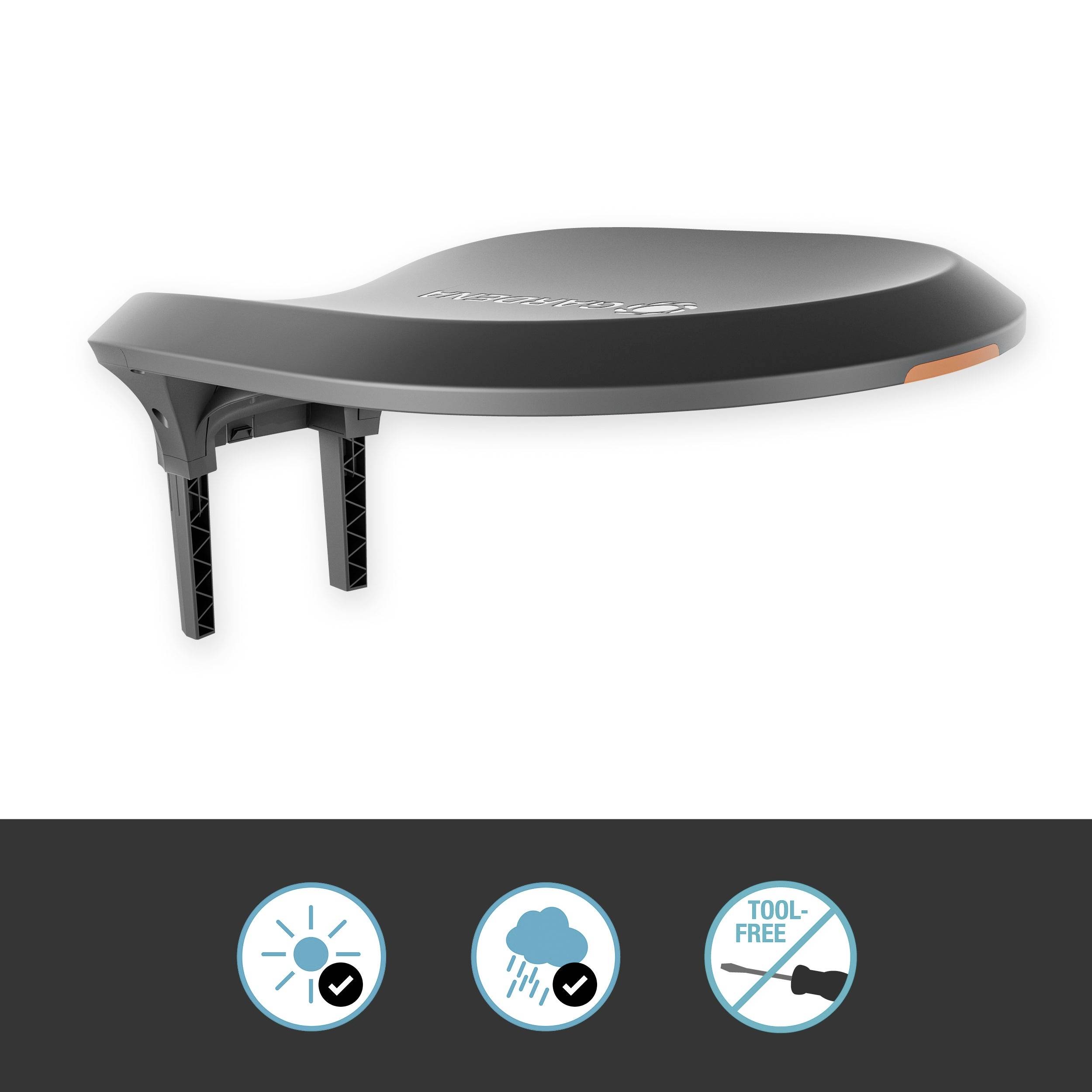 Ein grauer Fahrradspritzschutz zur Regenabwehr mit zwei Montagesymbolen: 'Ohne Werkzeug' und 'Wetterfest'. Ideal für Fahrradnutzung bei Regen.