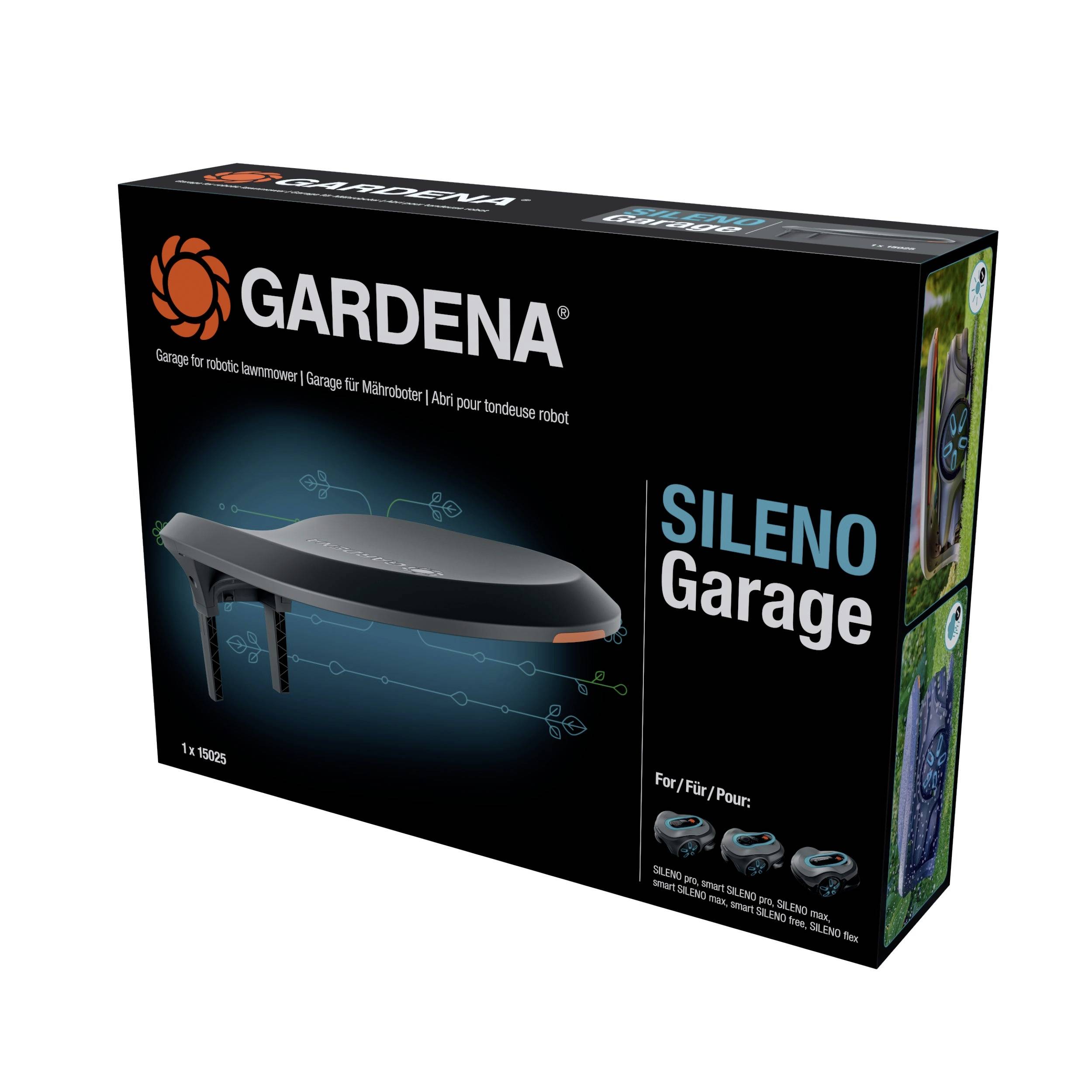 Verpackung einer 'GARDENA Sileno Garage' für Mähroboter. Schwarze und orangefarbene Akzente, zeigt ein Bild des Produkts auf der Vorderseite.