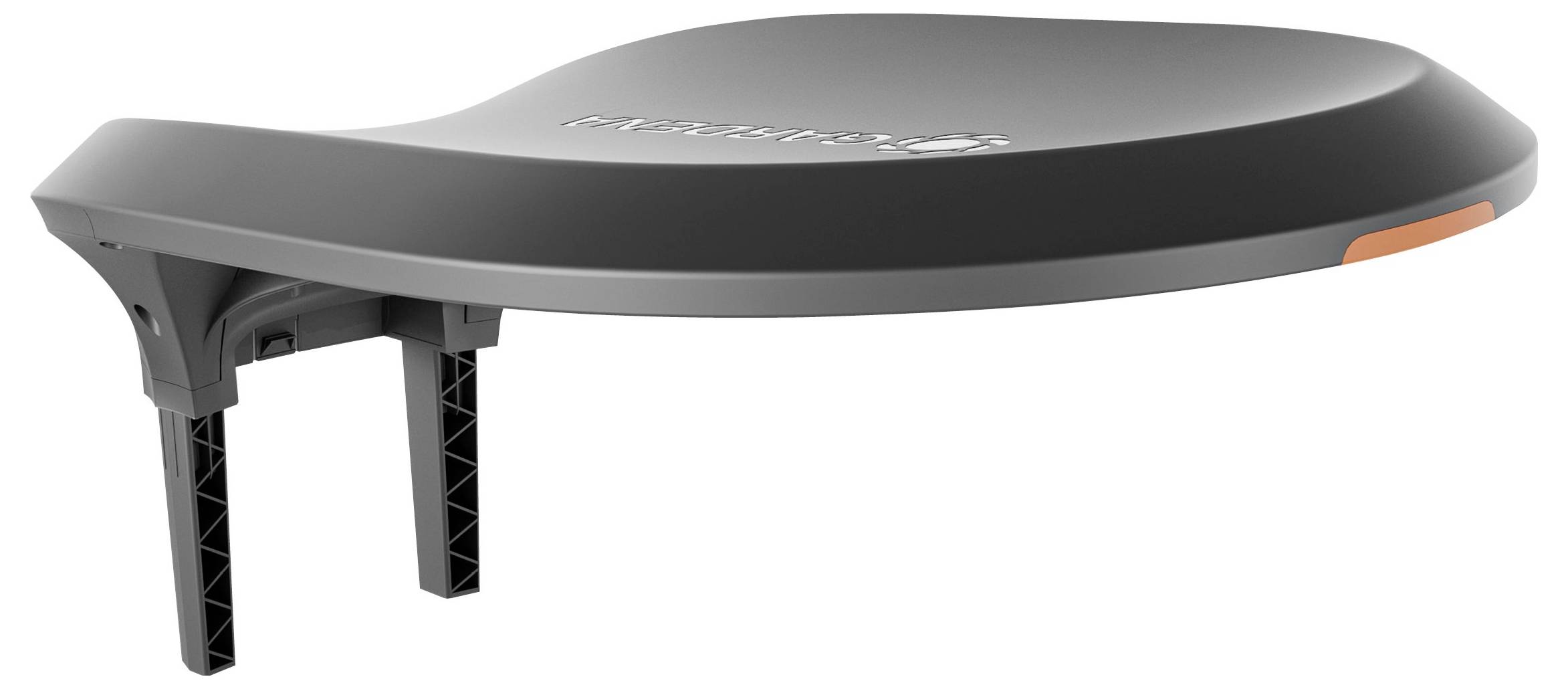 Ein grauer, gewölbter Objekthalter mit zwei schwarzen, vertikalen Befestigungsarmen und einem kleinen orangenem Detail auf der Seite.