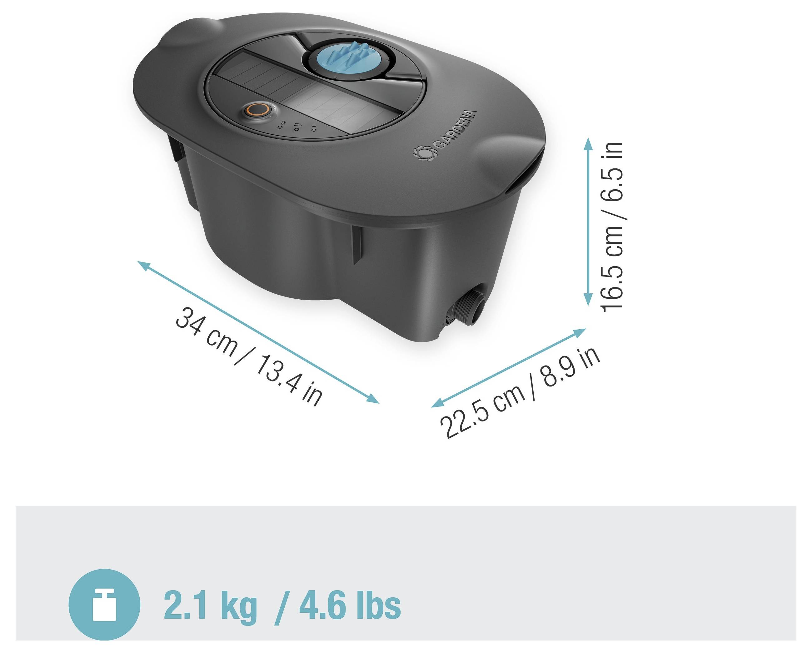 Ein schwarzes rechteckiges Roboterteil mit den Abmessungen: 34 cm (13,4 Zoll) Länge, 22,5 cm (8,9 Zoll) Breite, 16,5 cm (6,5 Zoll) Höhe; Gewicht: 2,1 kg (4,6 lbs).