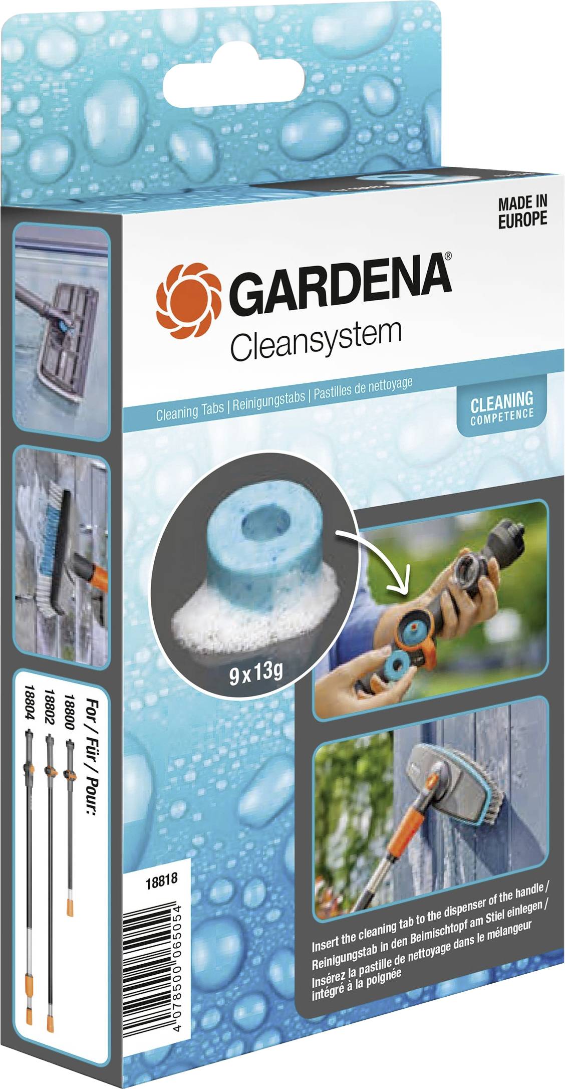 Verpackung einer Reinigungszubehör-Marke mit Bildern von Anwendungsszenarien und Produktinformationen. Enthält 3 Reinigungsstäbe.