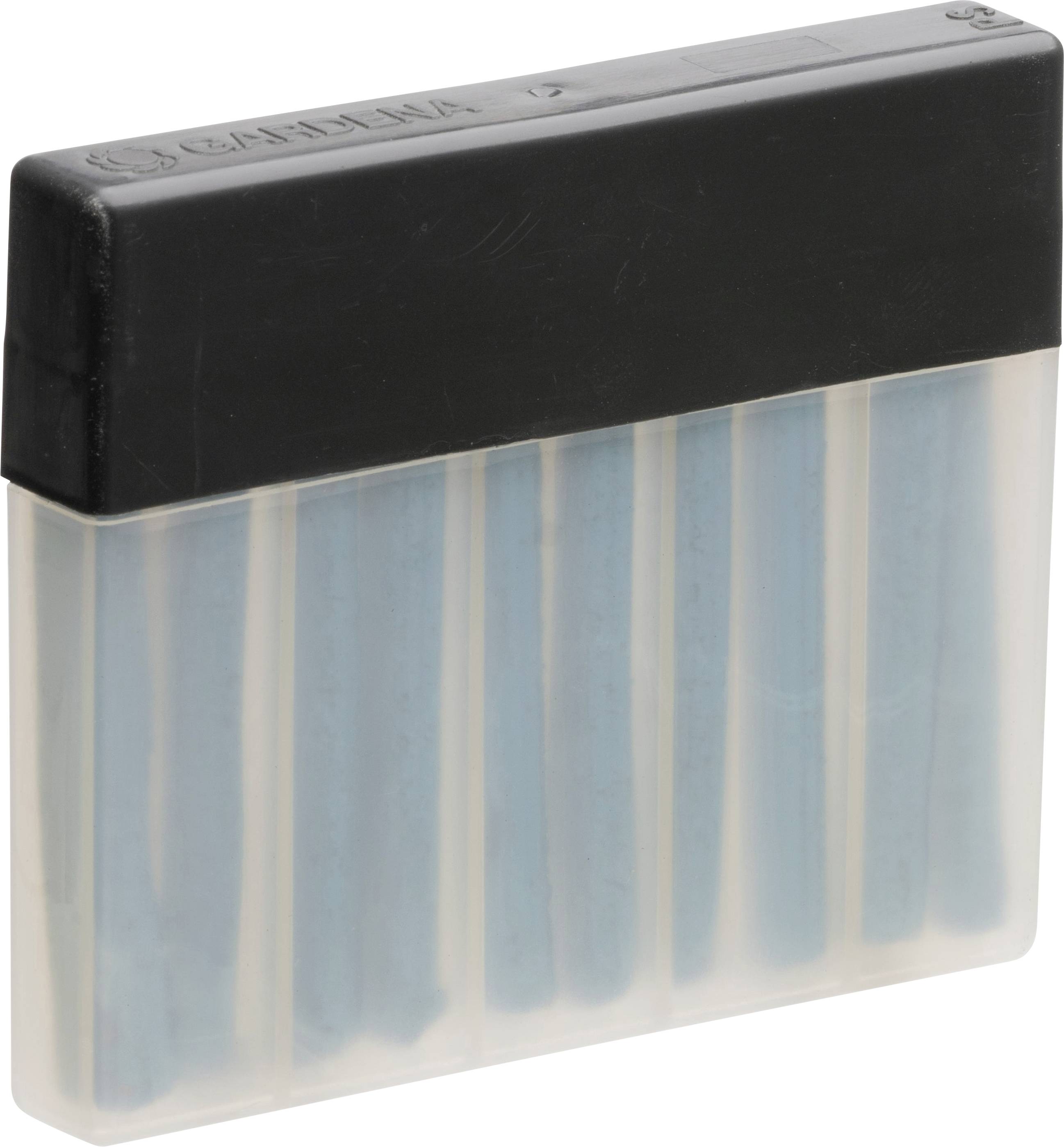 Plastikbox mit transparentem unteren Teil und schwarzem Deckel, enthält sechs blaue Stäbe.