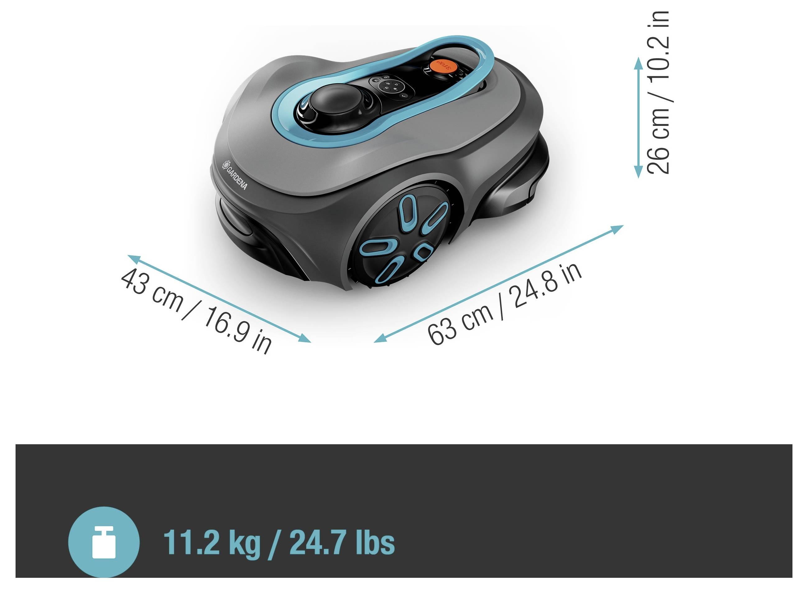'Automower' Roboter-Rasenmäher, 63 cm lang, 43 cm breit, 26 cm hoch. Wiegt 11,2 kg (24,7 lbs). Schwarz-blaues Design mit Rädern.