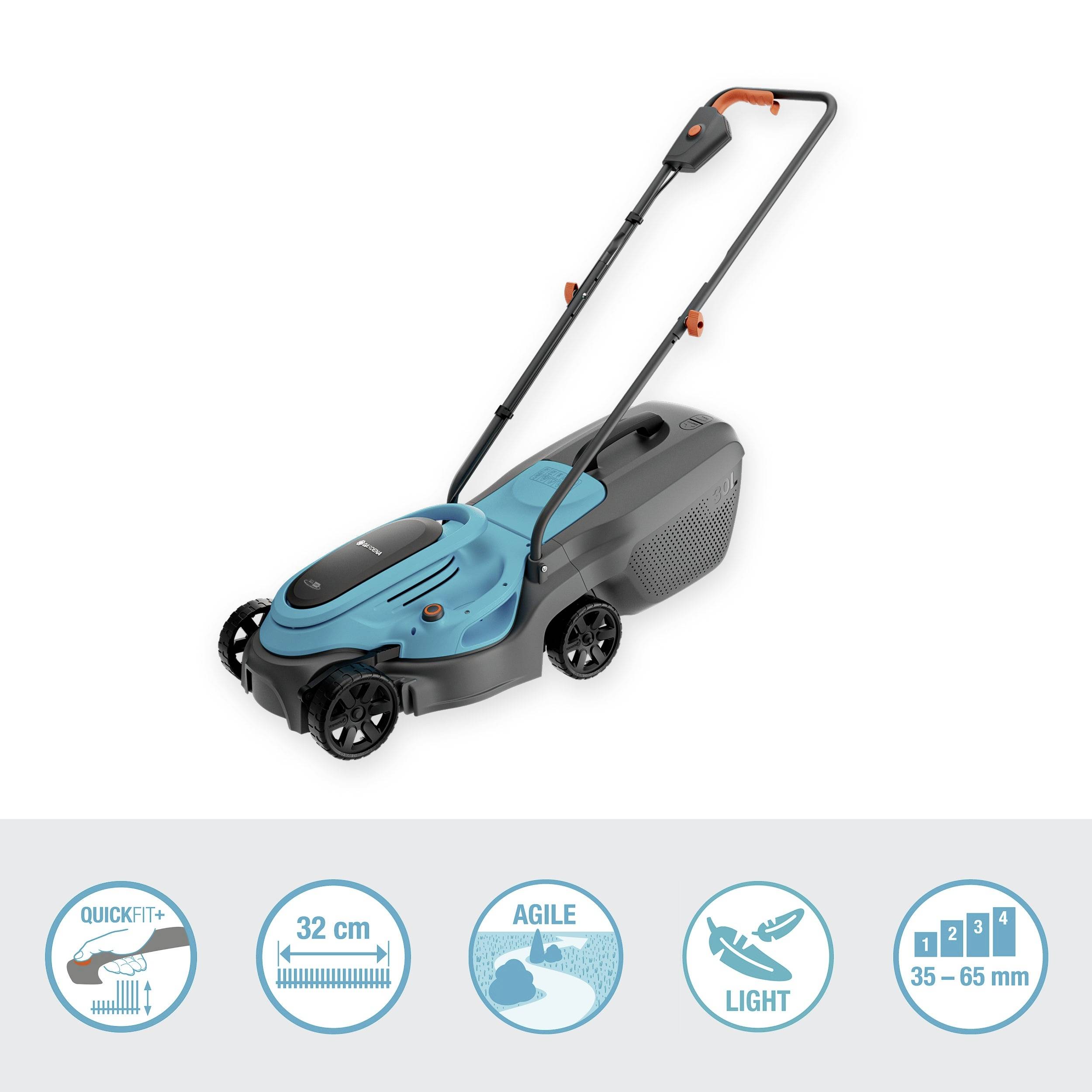 Elektrischer Rasenmäher mit blauem Gehäuse, klappbarem Griff und vier Rädern. Symbole zeigen Funktionen: Quickfit, 32cm, agil, leicht, Schnitthöhe 35-65mm.