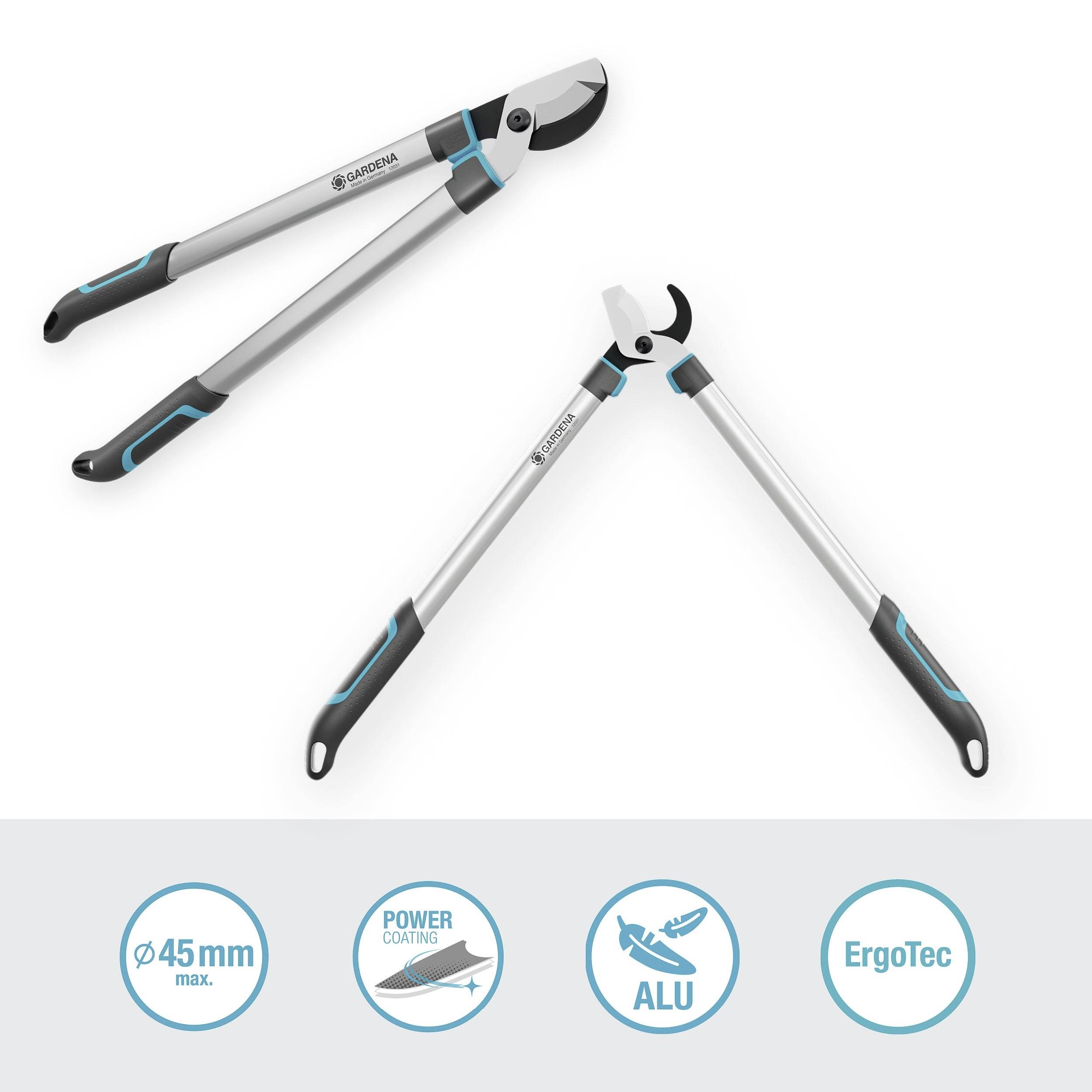 Gartenschere mit langen Griffen und Antihaftbeschichtung für Äste bis 45 mm. Ergonomisches Design, Aluminium. Markenname sichtbar.