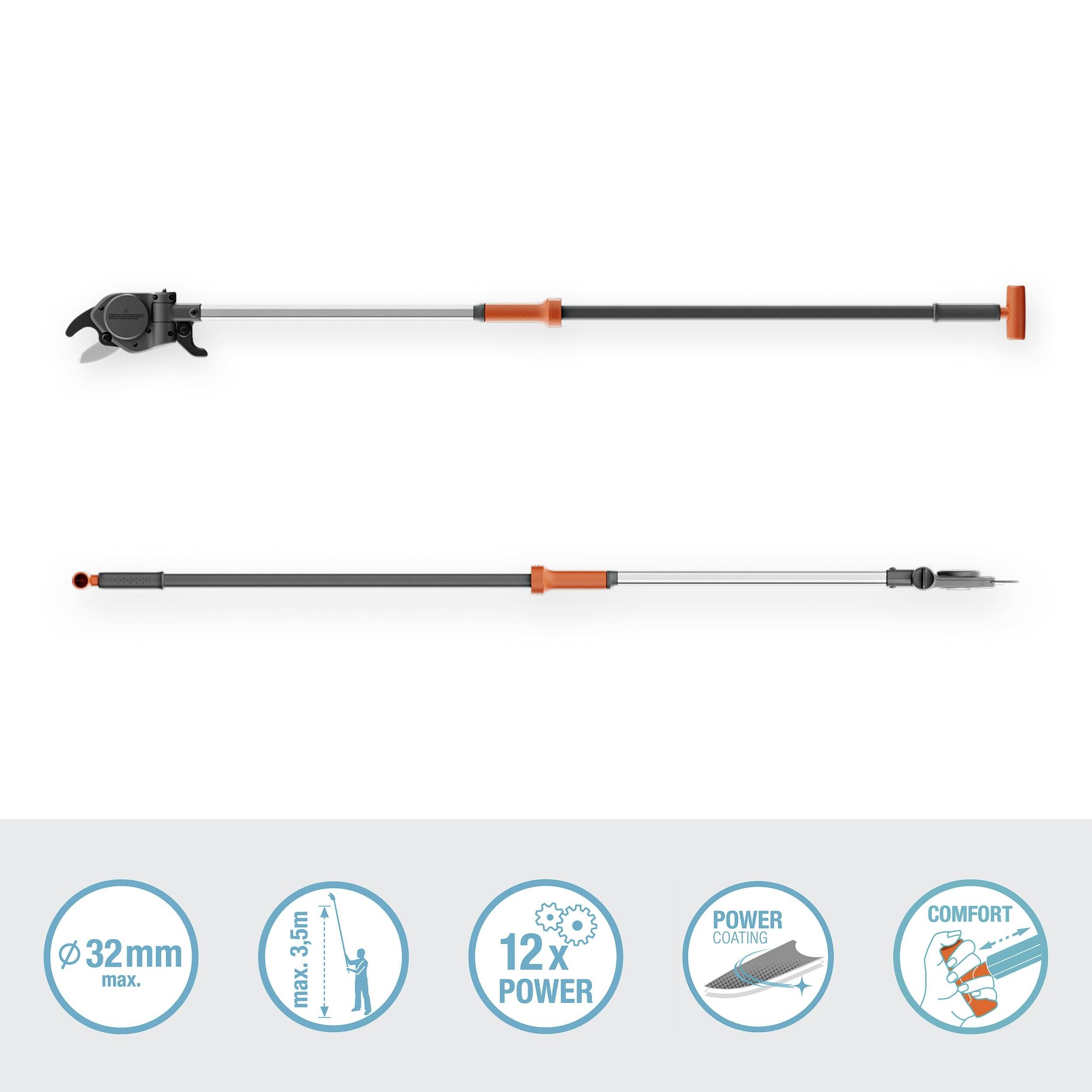 Teleskop-Astschere mit maximaler Schnittstärke von 32 mm und Reichweite bis zu 3,5 m. Merkmale: 12-fache Kraft, Antihaftbeschichtung, Komfortgriff.