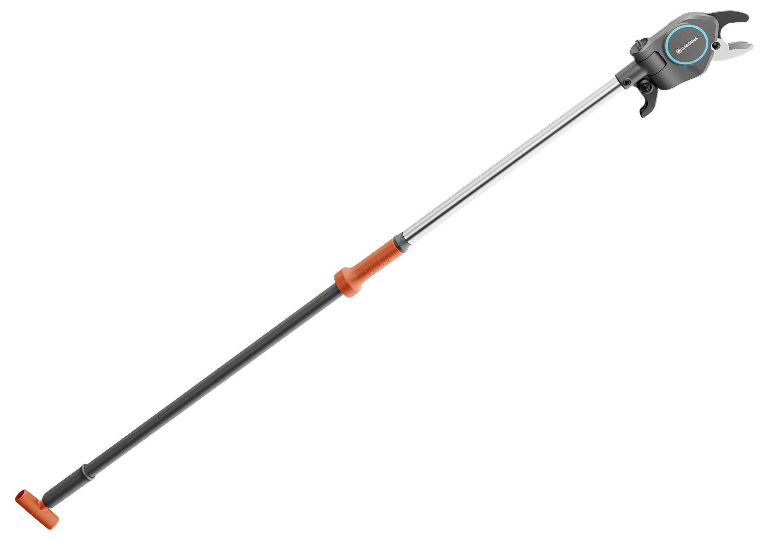 Garten-Teleskop-Schneidestab mit langem Griff und Klinge zum Schneiden hoher Äste, schwarzer Schaft mit orangen und grauen Details.