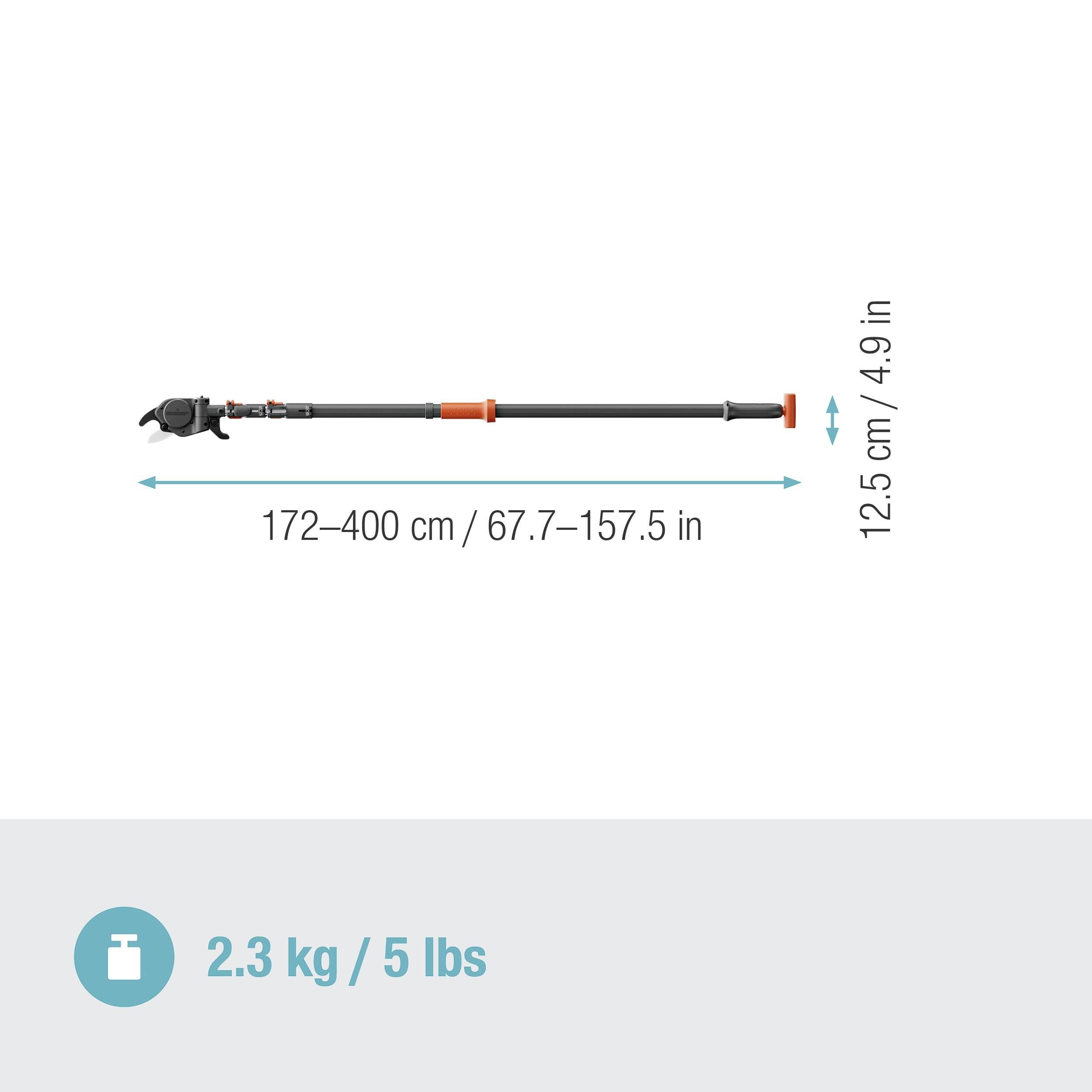 Teleskopische Baumschere mit einer Länge von 172–400 cm und einem Gewicht von 2,3 kg. Eignet sich zum Schneiden hoher Äste.