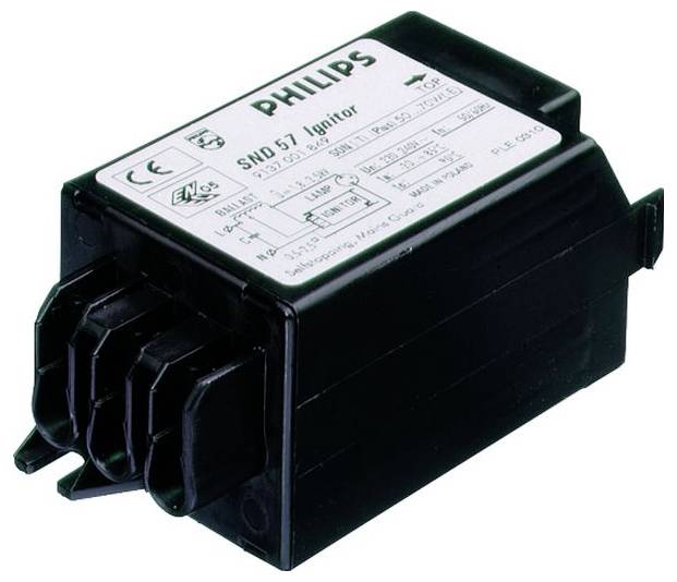 Zündgerät von Philips, Modell SND 57, für Leuchtstofflampen. Schwarzes Gehäuse mit weißen Etikett, technische Details abgedruckt.