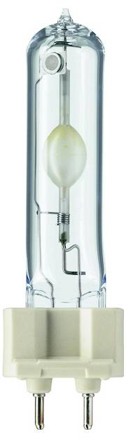 Eine Halogen-Metalldampflampe mit zwei Stiften am Sockel, verwendet für intensive Beleuchtung in professionellen Anwendungen.