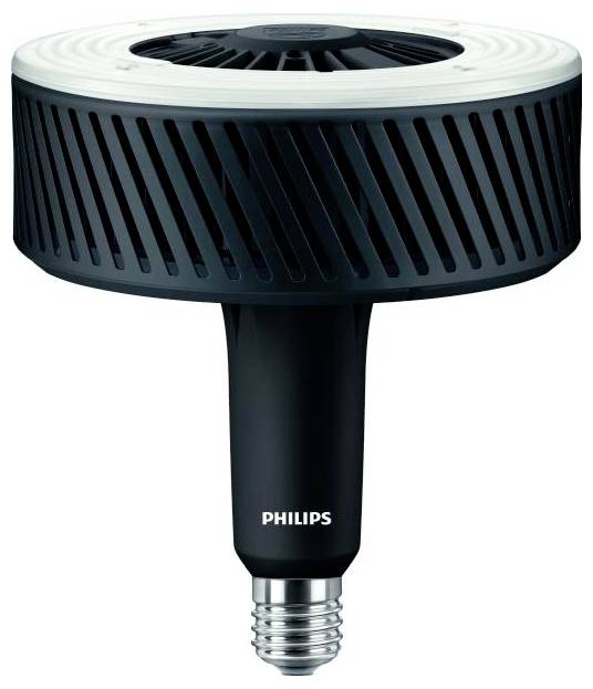 Eine schwarze Philips LED-Lampe mit E27-Fassung. Sie hat einen runden, gerippten Kühlkörper oben und ist für große Leuchten geeignet.