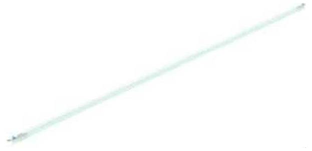 Eine lange, schmale Leuchtstoffröhre mit Metallstiften an beiden Enden, vor einem weißen Hintergrund.