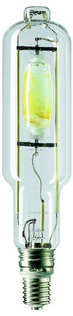 Eine Metallhalogenlampe mit klaren Glaswänden, die ein helles, gelbliches Licht emitieren kann.