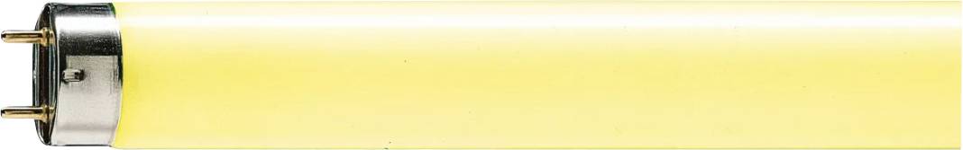 Eine gelbe Leuchtstoffröhre, liegend, nahaufnahme, mit metallischen Kontakten an einem Ende.
