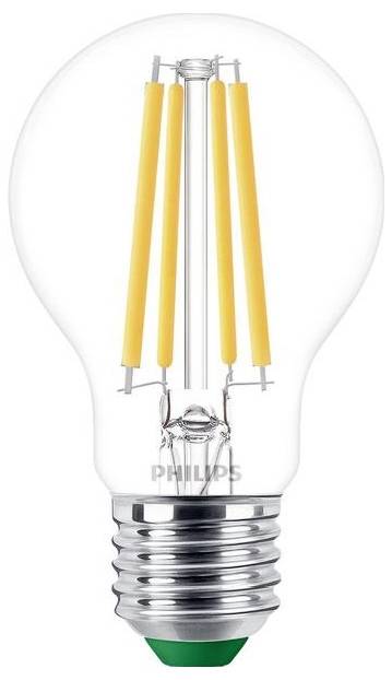 Eine LED-Glühbirne der Marke Philips mit sichtbaren Filamenten und E27-Sockel, geeignet für energiesparende Beleuchtung.