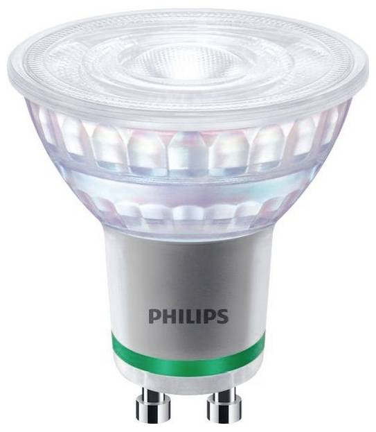 Eine LED-Glühbirne von Philips mit GU10-Sockel. Die Oberfläche ist facettiert und farbenfroh schimmernd.