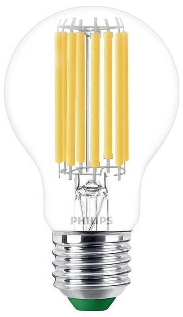 Klarer Glühbirne mit sichtbarem Filament in gelb-oranger Farbe. Energiesparendes LED-Leuchtmittel.