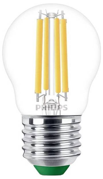 Eine LED-Glühbirne mit glasklarem Gehäuse und sichtbaren gelben Filamenten, die eine traditionelle Glühlampe imitieren.