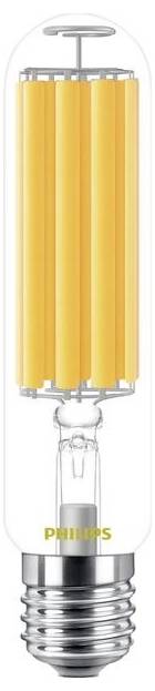 Eine LED-Glühbirne in stabförmigem Design mit sichtbaren gelben Filamenten und einem silbernen Schraubsockel.