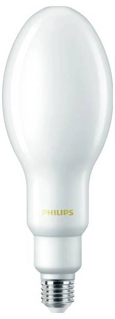 Weiße Philips-Glühbirne mit E27-Sockel, gleichmäßig ovaler Form, geeignet für Standardlampenfassungen.